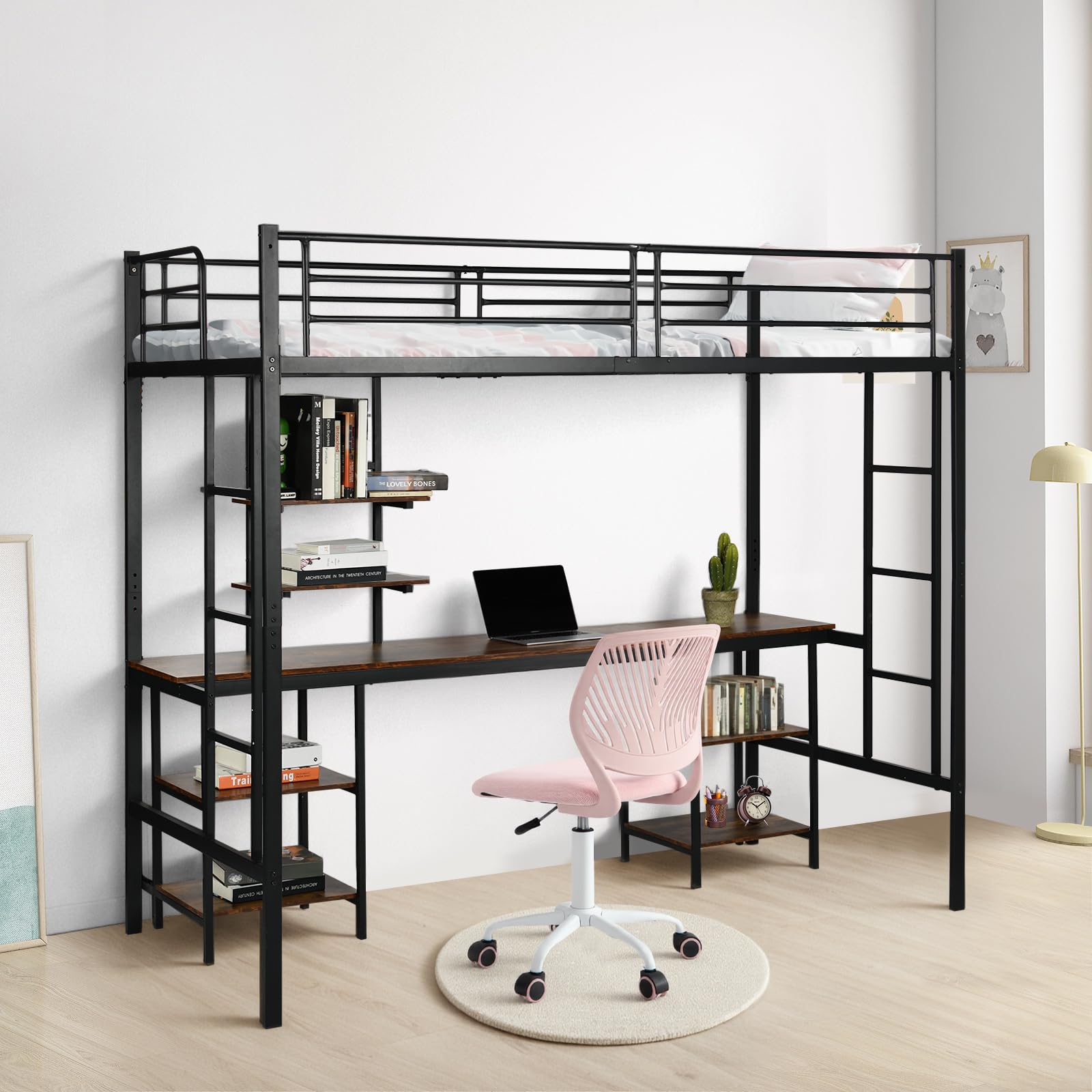 DORAFAIR Cama Mezzanine 90x200 cm de Metal con Escritorio, 3 Estantes y 2 Escaleras, Cama Mezzanine para Niños y Adultos con Láminas de Metal y Barandilla, Estilo Industrial, Negro