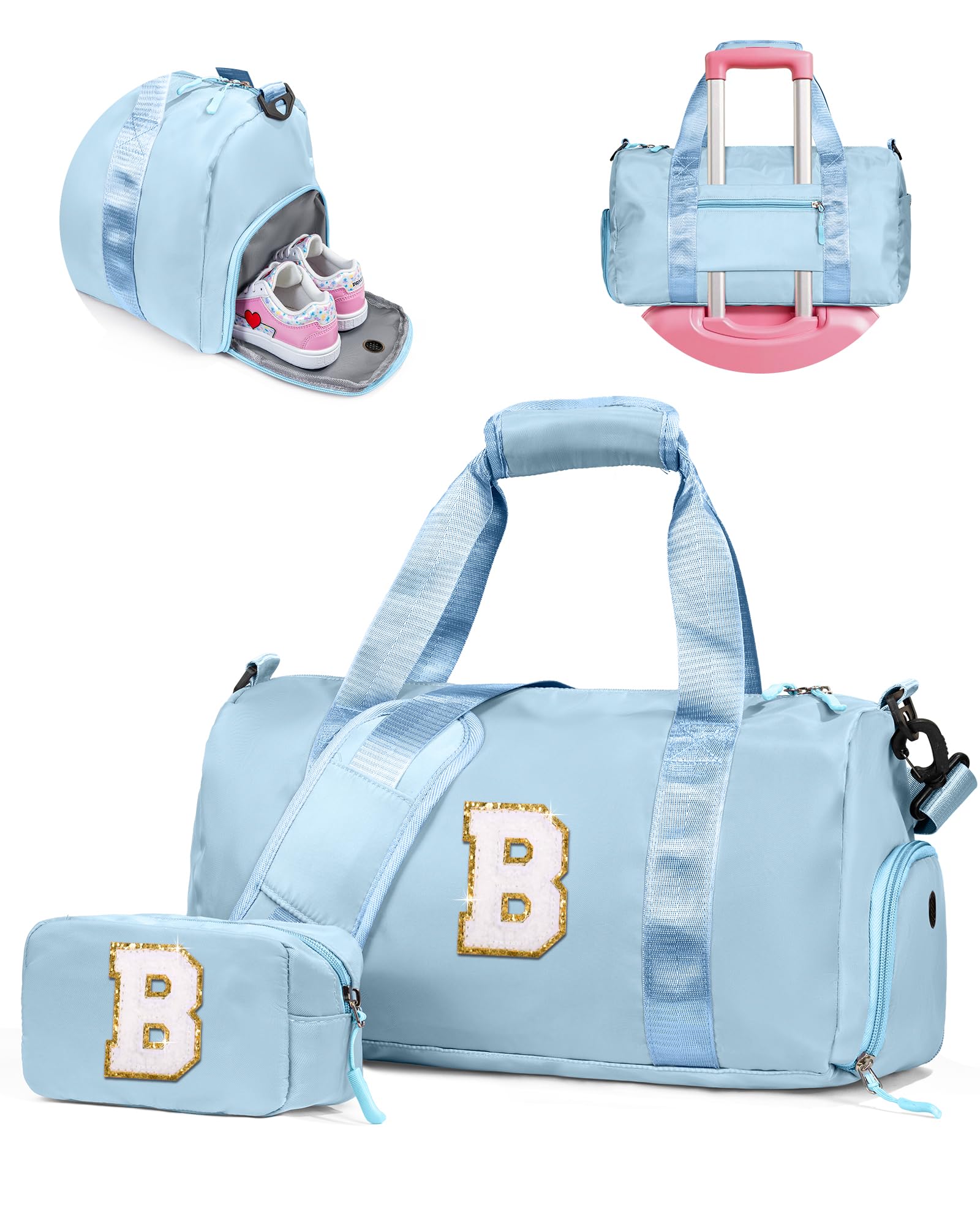 Vogewood Birthday Gifts for 3 4 5 6 7 8 9 10 11 12 Year Old Girls-Girl Gym Bag with Shoe Compartment, Kid Personalized Weekender Ballet Bags, Initial