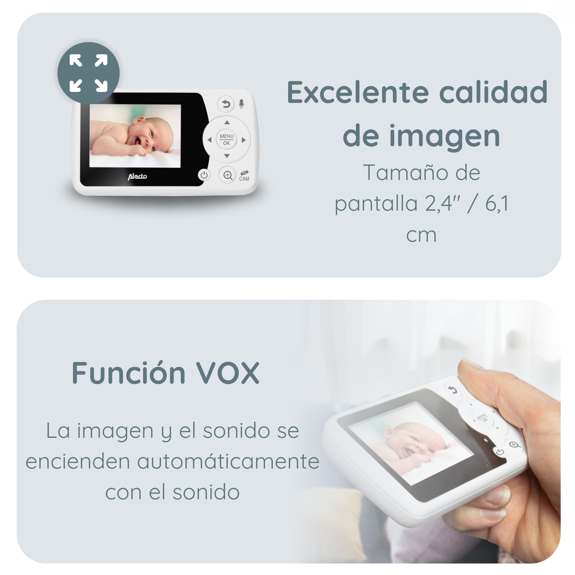 Alecto DVM-64 - Monitor inalámbrico para bebés (100% libre de interferencias y privado) con cámara de vídeo giratoria, visión nocturna, función de intercomunicación, alto alcance, color blanco