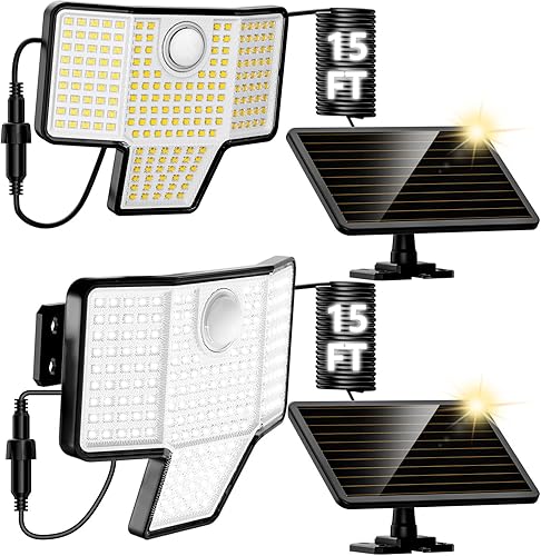 AmeriTop Luces solares para exteriores, paquete de 2 189 luces LED de alto brillo inalámbricas con sensor de movimiento 4 cabezales, iluminación