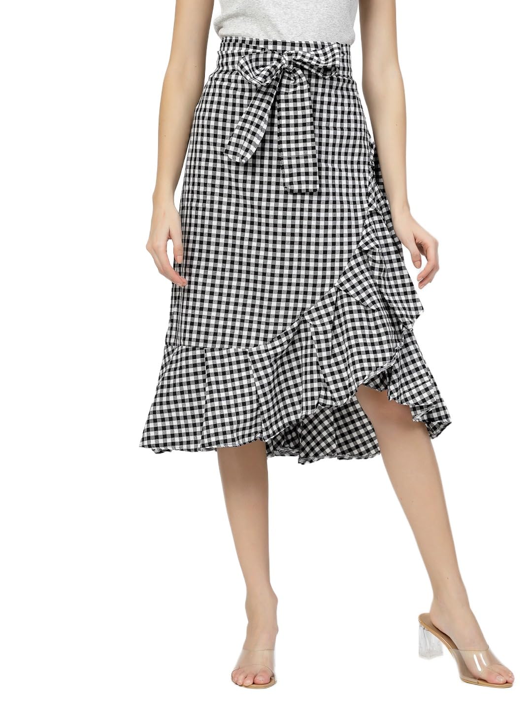 MrugneniWomen's Midi Skirt with Ruffle Detail Black and White