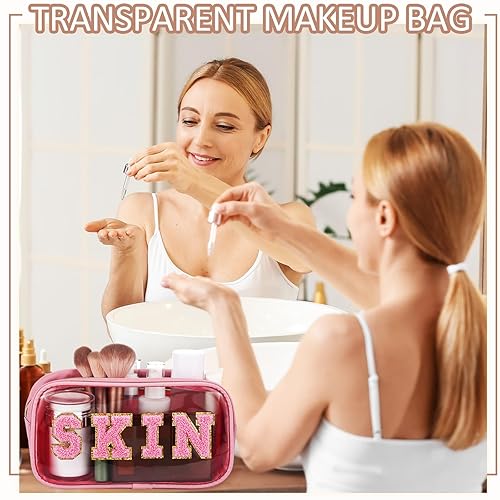 Miniatura 5 de Hillban Juego de 4 bolsas de cosméticos con letras de chenilla, de nailon, PVC, impermeable, bolsa de maquillaje, bolsa de viaje para el cabello,