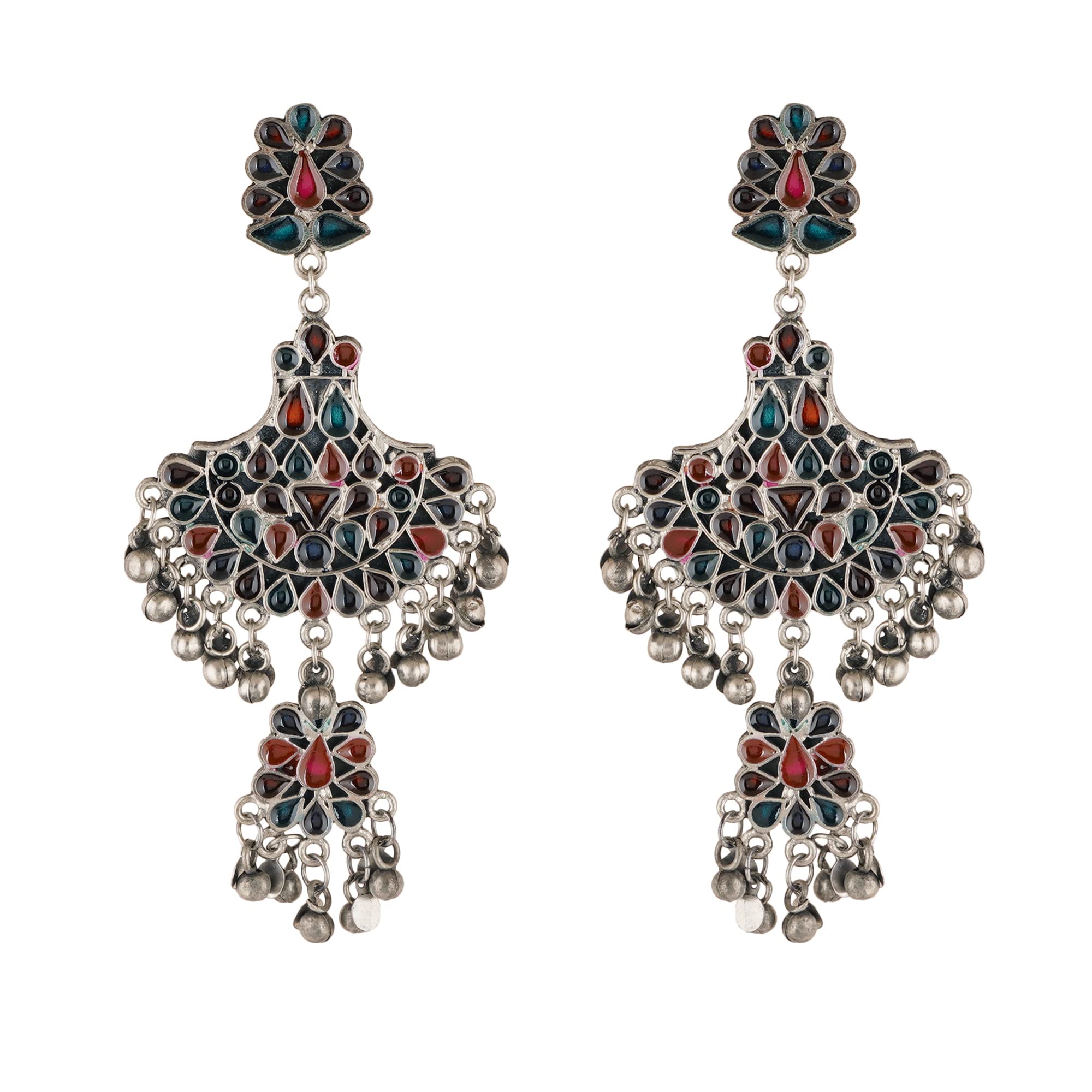 Kuchi Afghani Tribal Big Statement Metal Chandelier Dangle Enamel Work Oxidised Silver Indian Earrings with Bells for Girls and Women, Large, Zinc, No Gemstone