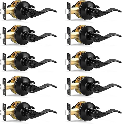 Miniatura 70 de Probrico - Paquete de 10 manillas de privacidad para puerta de dormitorio y baño, estilo ondulado, con palancas de níquel satinado.