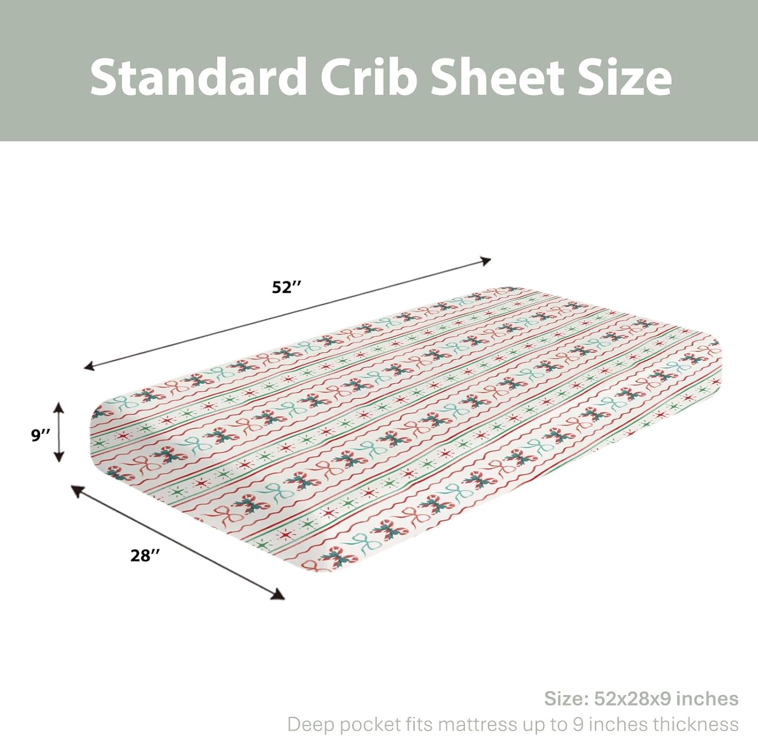 Red and Green Christmas Candy Stripes Bows Baby Crib Sheets for Boy Girl 52x28Inch Winter Christmas Soft Snug Fitted Crib Mattress Cover Festive Holiday Baby Sheet for Standard Crib & Toddler Mattress