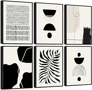 KUVIOKE Black Abstract Framed Wall Art Boho Room Decor Set of 6 Minimalist Geometric Line Art Bohemian Mid Century Modern Prints for Bedroom Living Room 8x10in (Black Framed)