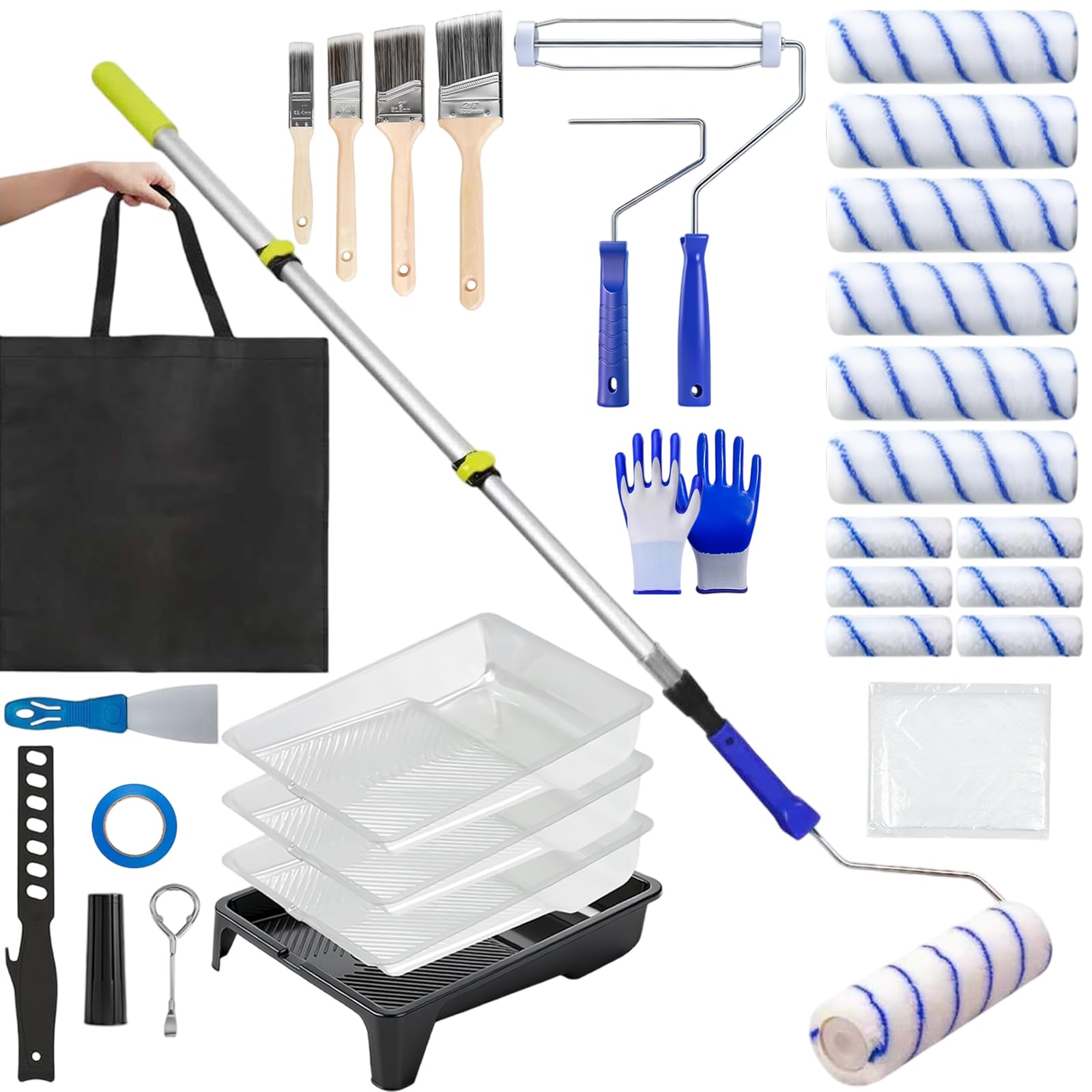 Set di 31 rulli da pittura con asta di estensione da 0,6 a 1,2 m, rulli da 22,9 cm e 10,2 cm e vassoi da 22,9 cm, per pareti e soffitti, kit professionale per pittura domestica con pennelli