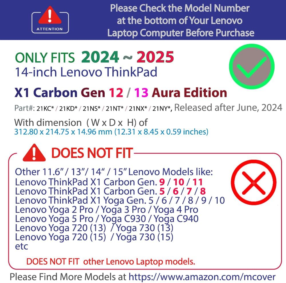 mCover Hard Case ONLY Compatible for 2024-2025 14" Lenovo ThinkPad X1 Carbon Gen 12/13 Windows Notebook PC (with 180-degree Hinge, NOT Fitting Any Other Lenovo Models) - Aqua
