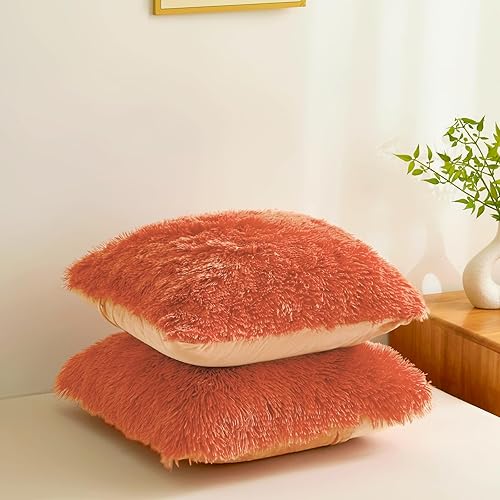 Miniatura 4 de Juego de 2 fundas de almohada peludas y peludas de piel sintética de 18 x 18 pulgadas, fundas de almohada decorativas con cremallera, para sofá,
