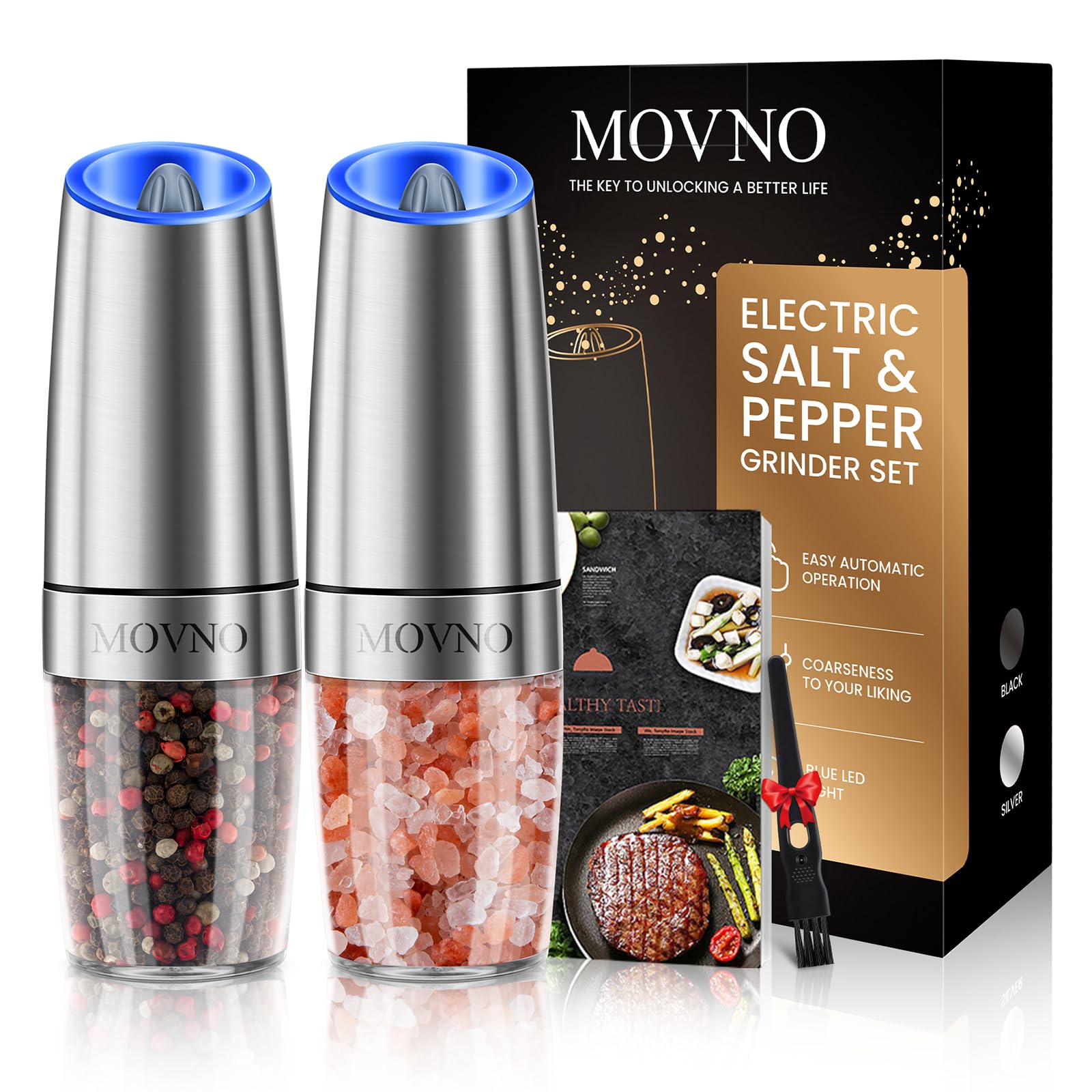 Gravity Electric Salt and Pepper Grinder Set, Battery Powered LED Light One Hand Automatic Operation, Adjustable Coarseness Mill Grinders Shakers Black (B.Silver 2p)