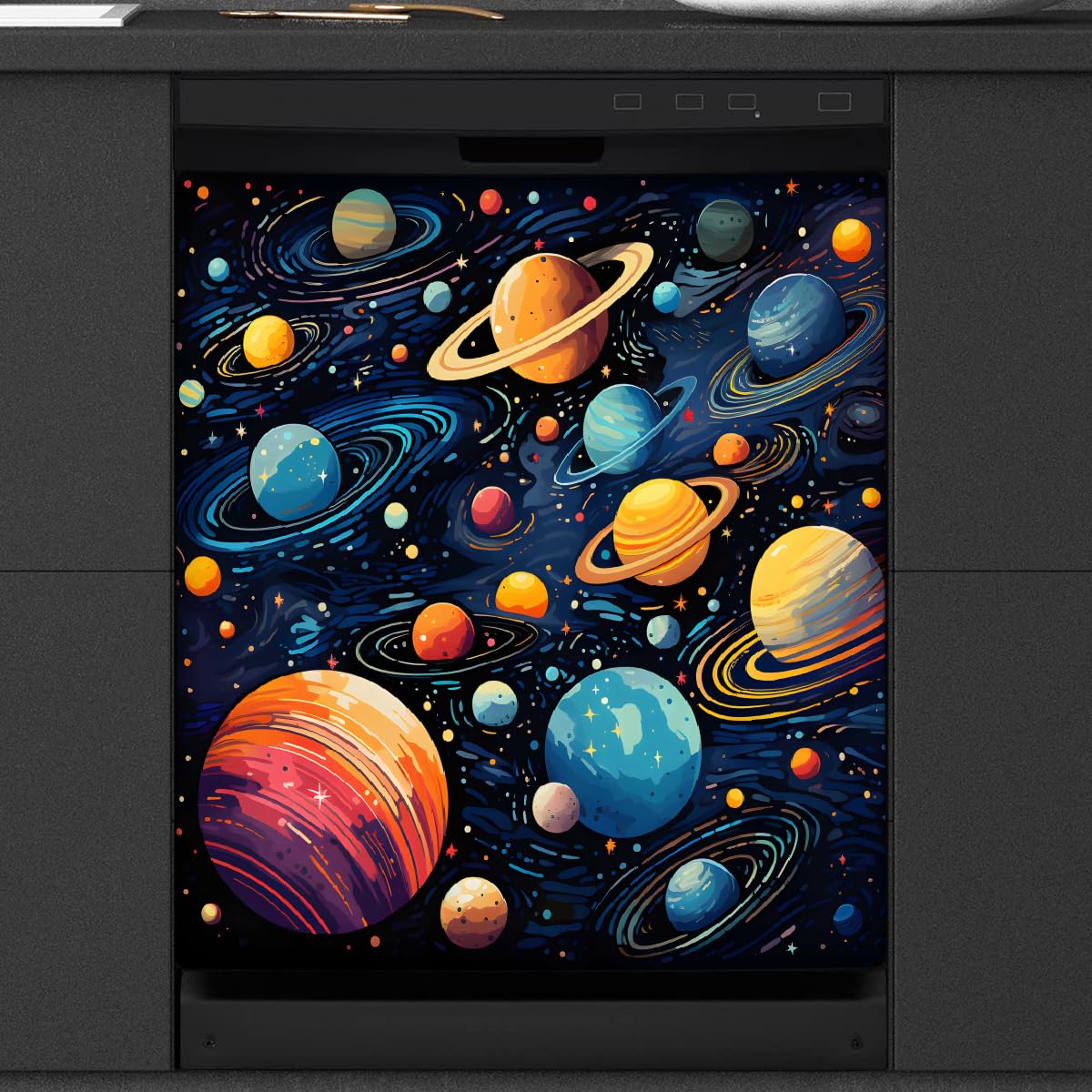 Panel frontal magnético Mexpekil de 53,3 x 66 cm decorado con planeta espacial para lavavajillas 8