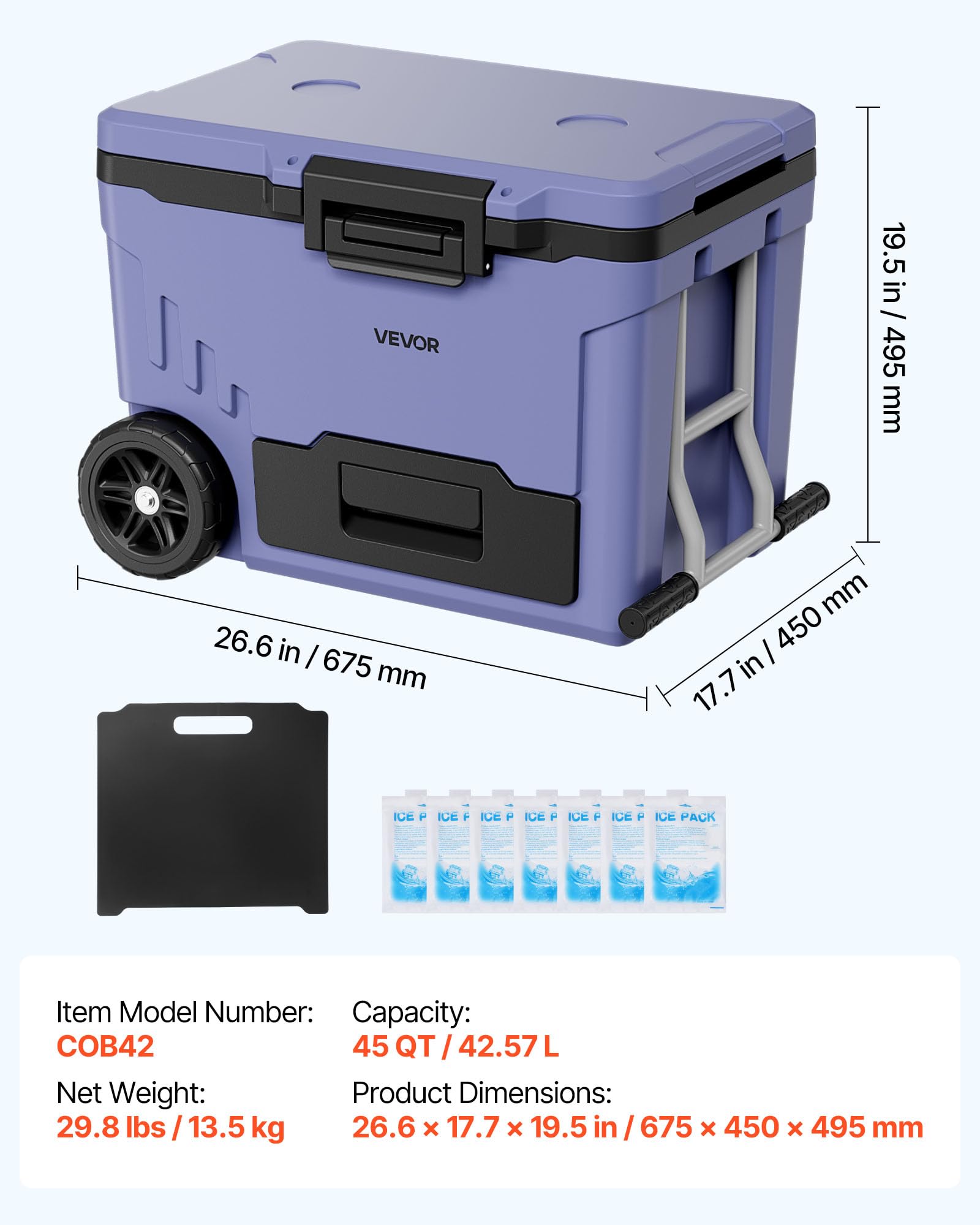 VEVOR Scatola Contenitore Termico Isolato Portatile per Bevande da 42,57 L, Contenitore Portatile 675 x 450 x 495 mm Isolato Termico per Trasporto con Ruote Bevande Fresche da Campeggio Picnic Feste