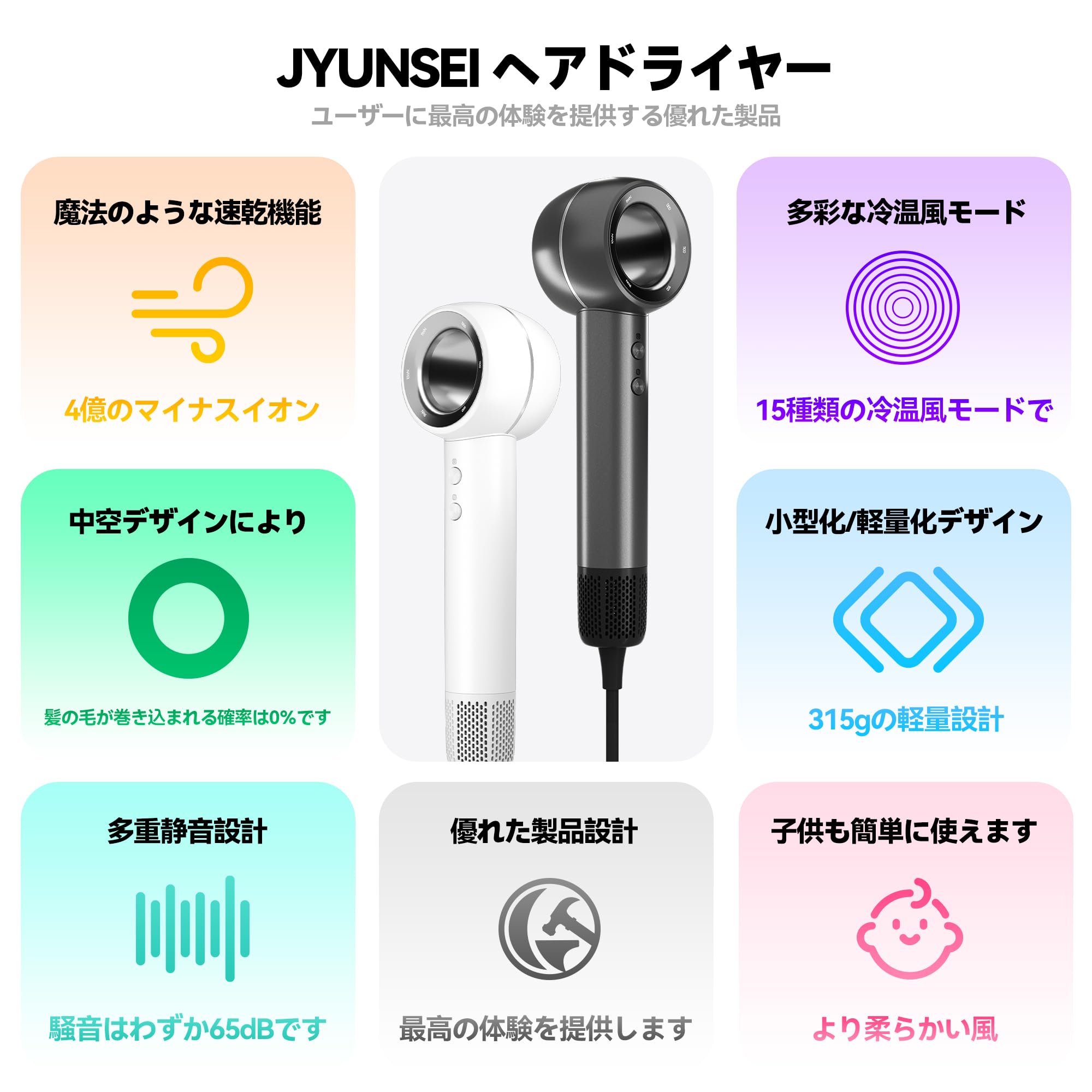 Amazon | JYUNSEI ドライヤー 大風量 ヘアドライヤー コンパクト【日本