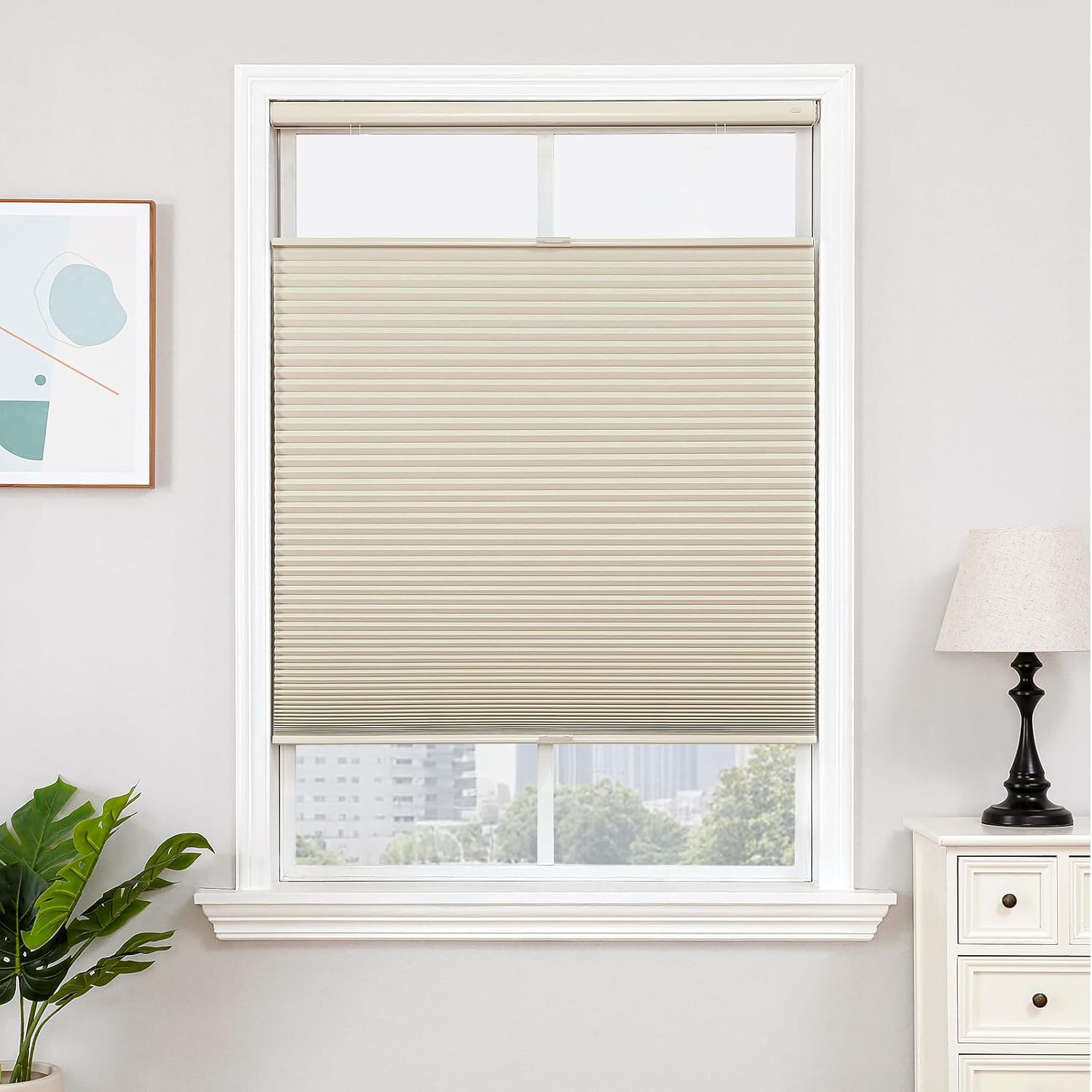 Joydeco No Tools No Drill Blinds for Indoor Windows, Cordless Window Blinds Cellular Shades Top Down Bottom Up Blackout Honeycomb Blinds Thermal Insulated Noise Reduction (Beige, 46" W x 64" H) Beige 46"W x 64"H