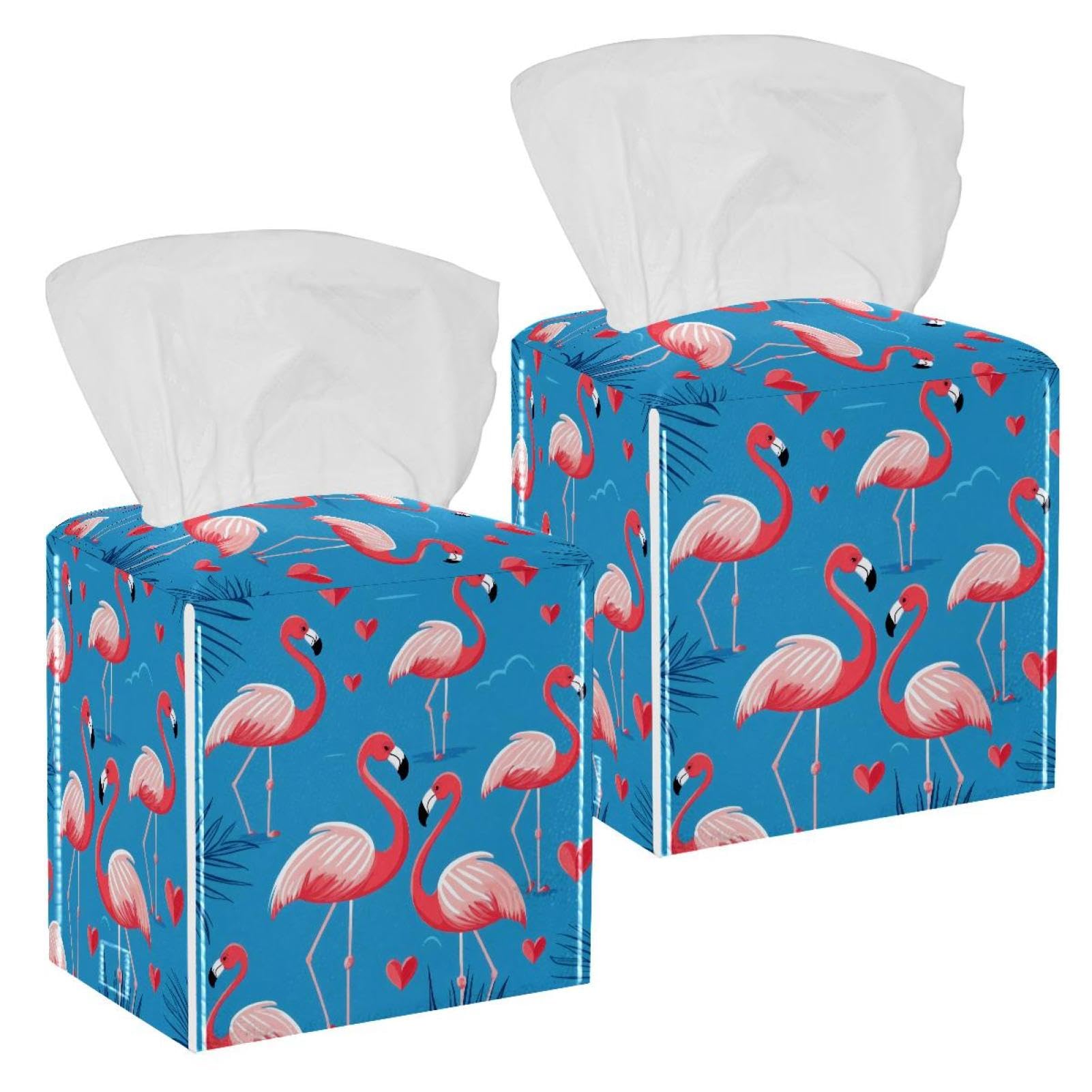 Flamingos Tissue Box Cover, 2 Pack PU Leather Square Facial Tissue Dispenser Box holder for Home Office Car