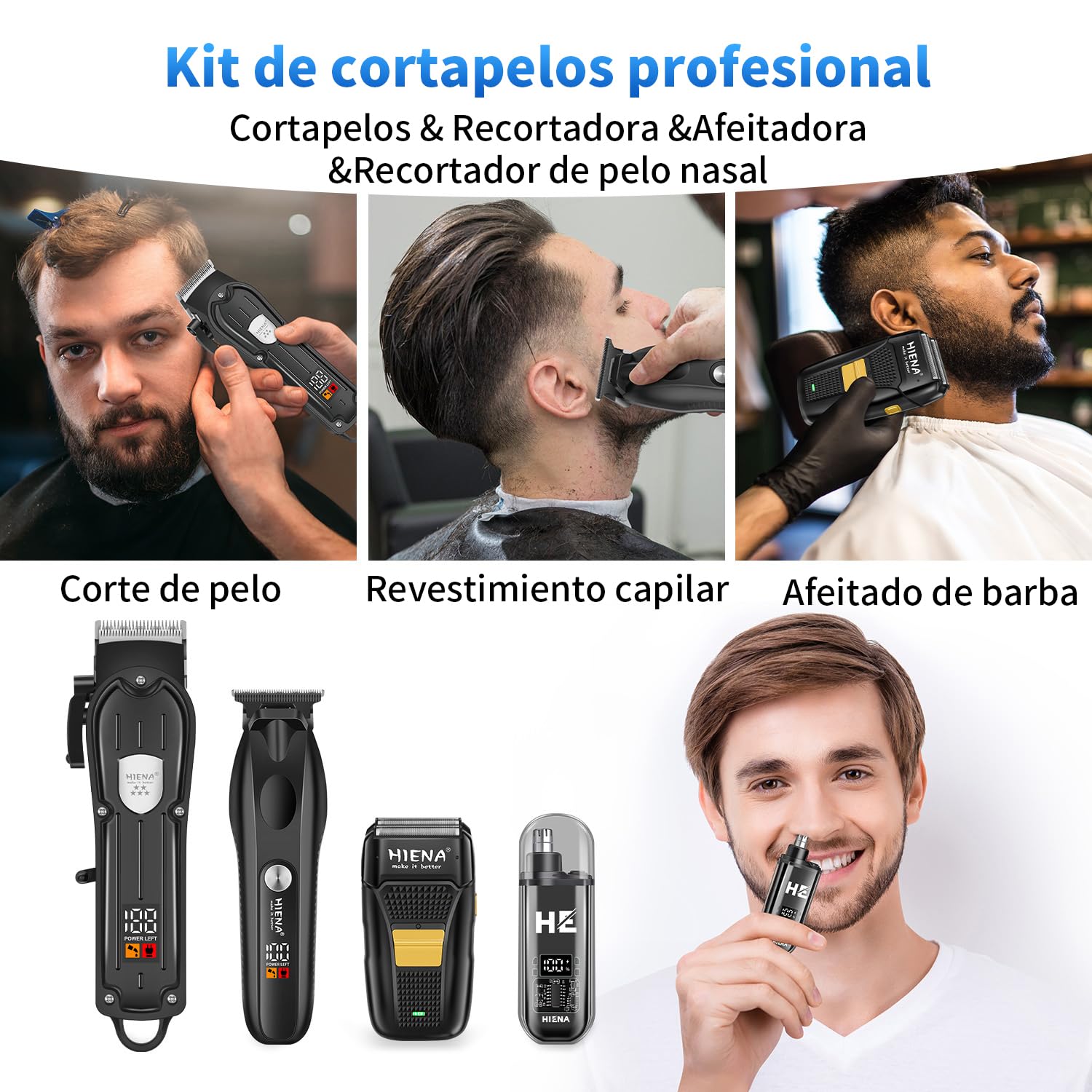 HIENA PRO Maquina de Cortar Pelo Hombre, Inalámbrico Cortapelos, Recortadora de Barba, Afeitadora de Láminas, Cortapelos de Nariz, Juego Completo Kit Barbero Eléctrico