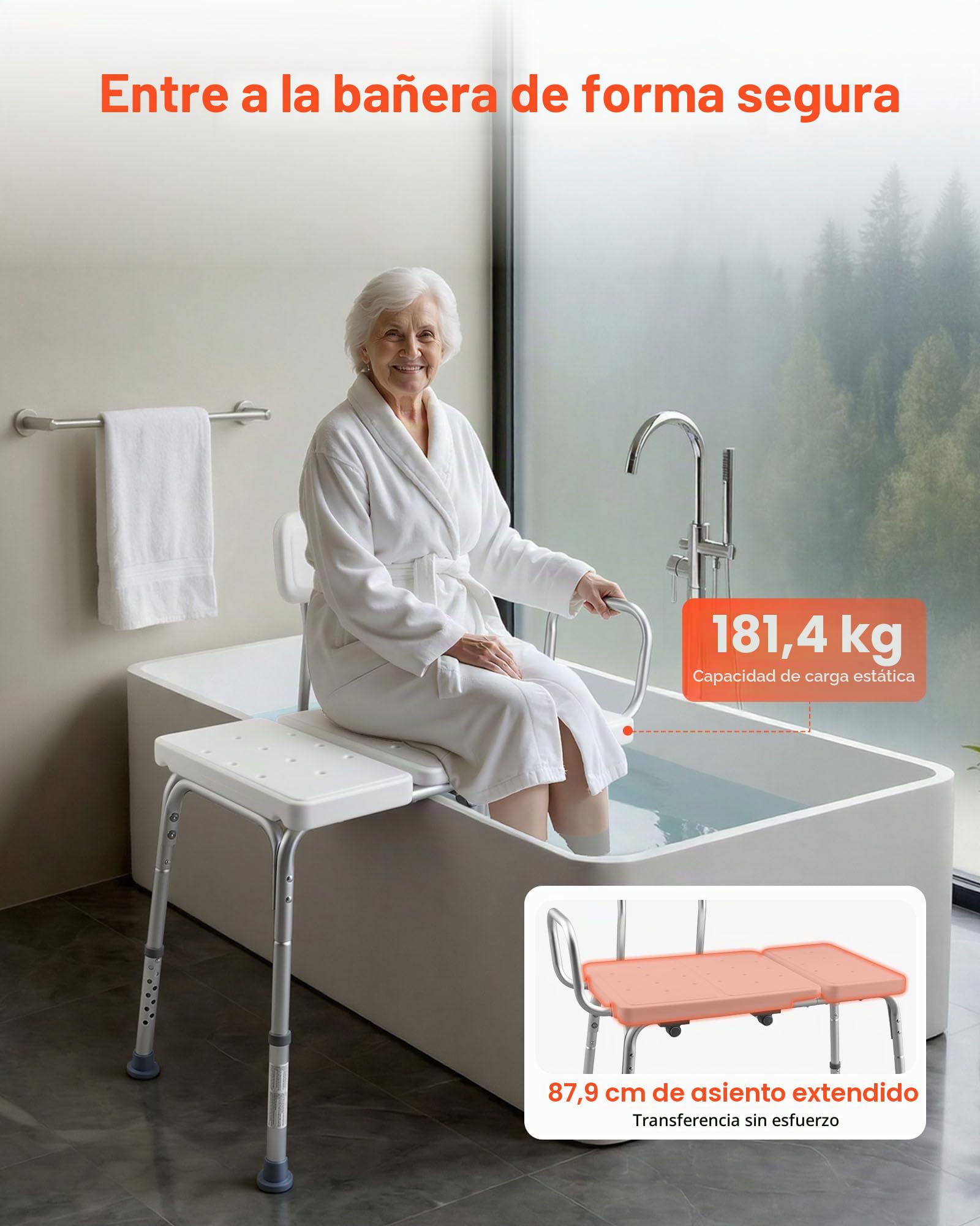 VEVOR Asiento de Bañera con Brazo y Respaldo, Silla para Bañera Altura Ajustable de 375 a 490 mm, Capacidad de 180 kg, Silla de Ducha para Adultos, Personas Mayores, Personas con Discapacidad