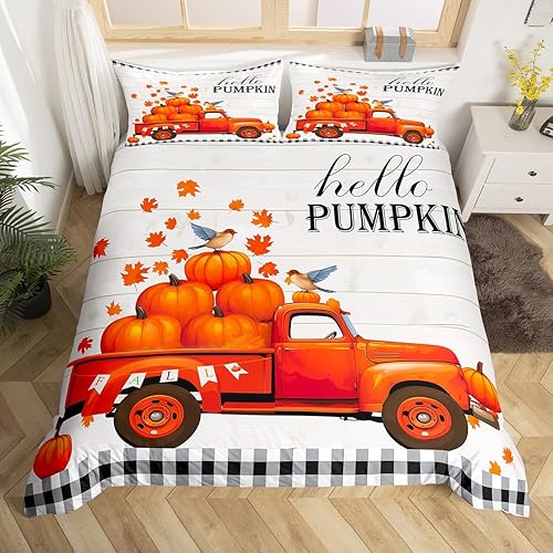 Miniatura 7 de Manfei Juego de funda de edredón de gnomo de otoño, tamaño King, funda de edredón de calabaza a cuadros de leopardo con 2 fundas de almohada, juego