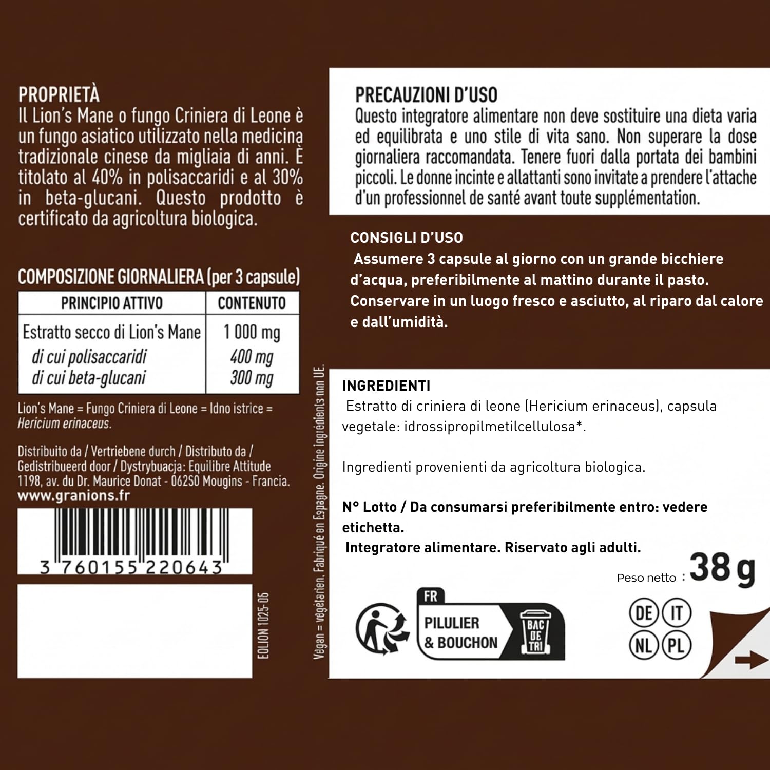Granions Lion's Mane Bio 1000 mg | 90 Capsule Vegetali | 40% Polisaccaridi + 30% Beta-Glucani | KSM Hericium erinaceus | Vegan | Senza Glutine | Formato 30 Giorni | Certificato Bio