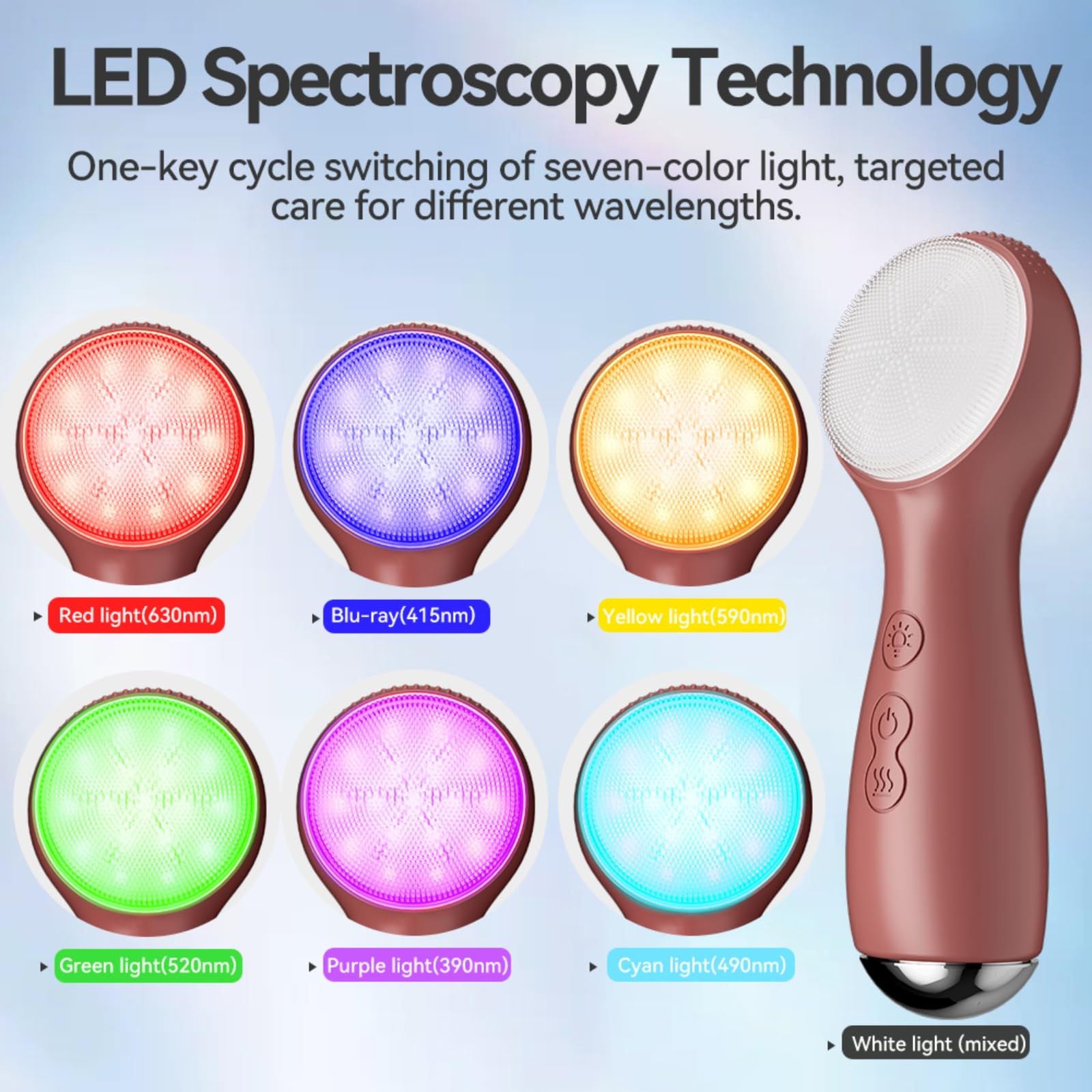 Colorido cepillo de silicona LED para lavado facial, limpiador facial con vibración sónica con sensación de calor, 3 modos y mango ergonómico, cepillo eléctrico impermeable para el cuidado de la piel