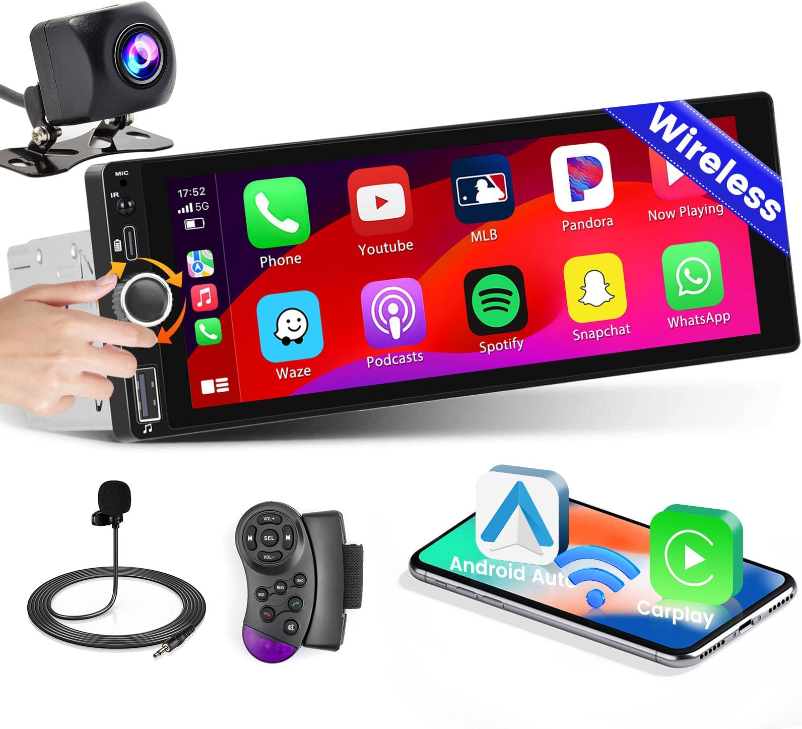 Wireless Single Din Car Stereo with Apple Carplay,IPS Touch