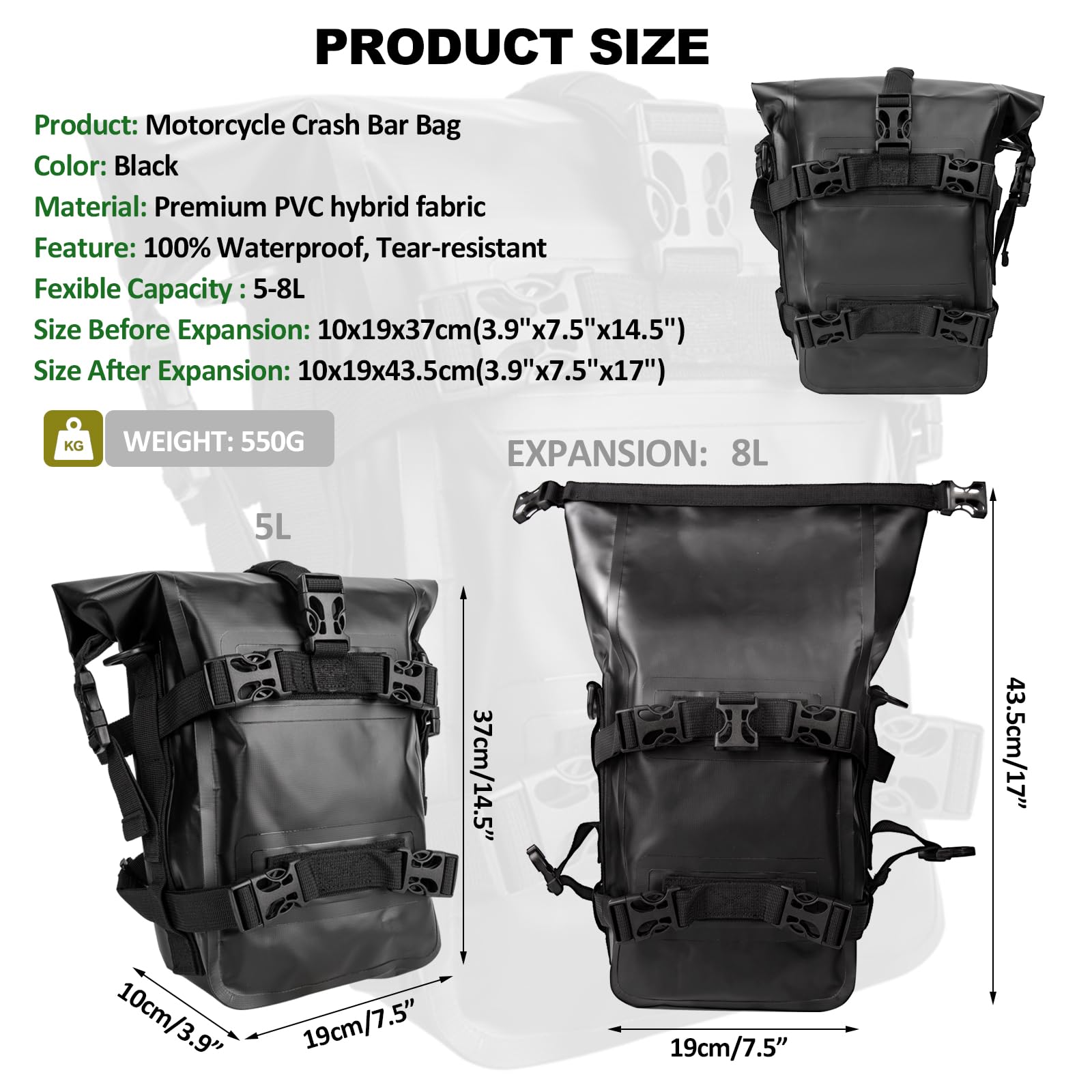 Borsa da viaggio per moto, 100% impermeabile, da 8 litri, con cinghie regolabili, zaino universale per ADV Touring fuoristrada (nero, 1 pezzo)