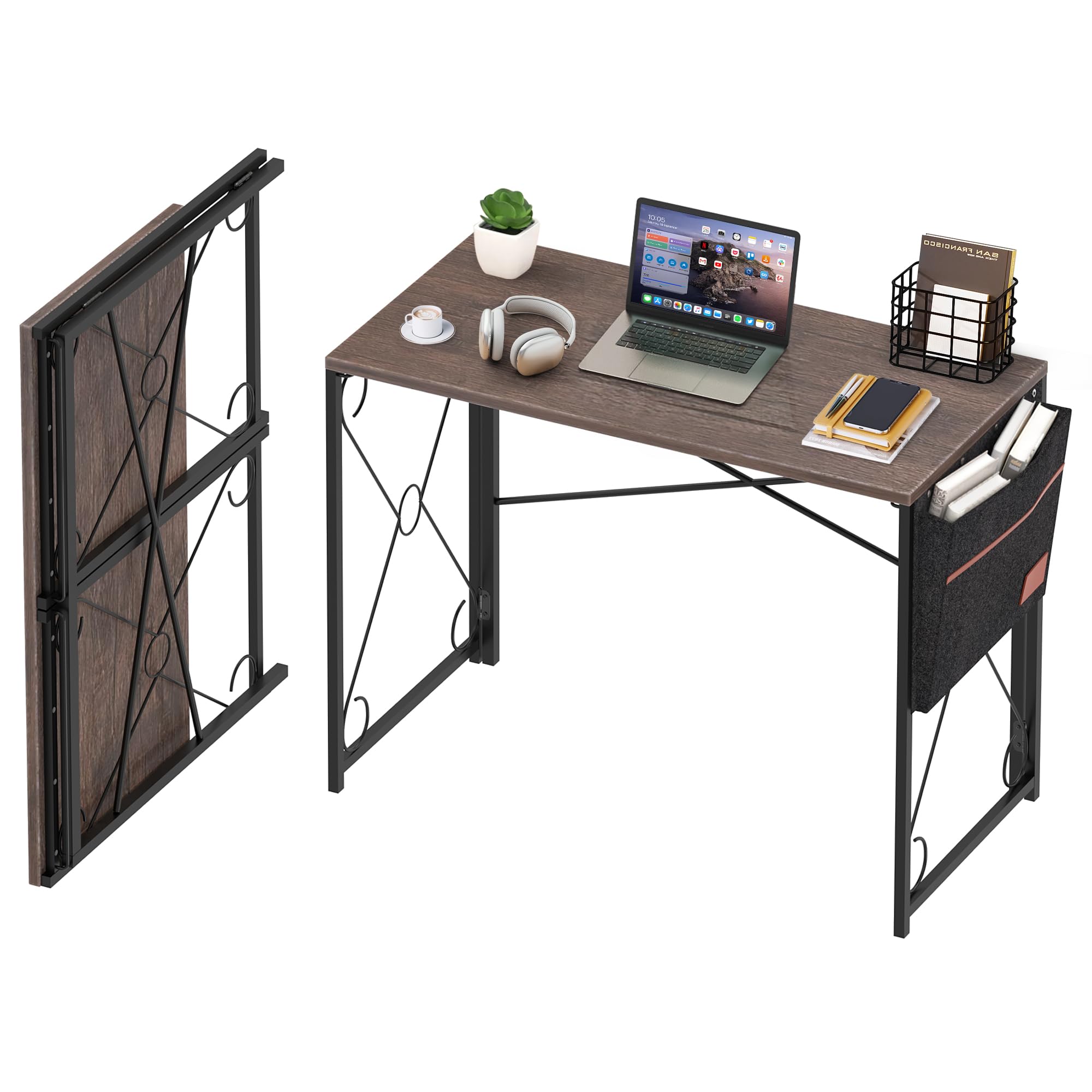 VECELO Folding Desk with Storage Bag 39 Inch Writing Desk Home Office Sturdy Steel Laptop Table for Home Office Work Gray