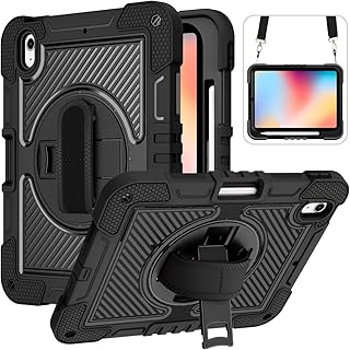 YOUULAR Tablet Case for Apple iPad (2022)/Apple iPad 10th Gen, Apple iPad (10th Generation), Tablet Shockproof Cover with 360° Rotating Stand and Wrist Strap, Shoulder Strap Completely Black