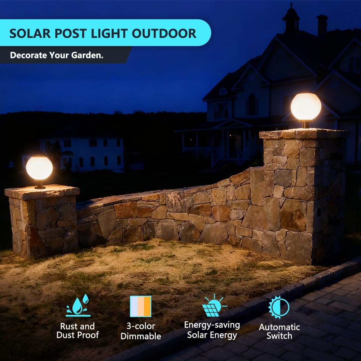 Solar Outdoor Column Lights - Stainless Steel Fence Pedestal Post Lamp Outdoor Vintage LED Globe Pillar Lights, IP65 Waterproof External Landscape Street Lighting Fixtures