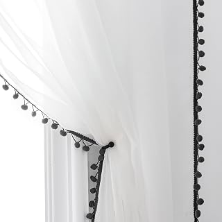 MISS SELECTEX Linen Look Pom Pom Tasseled Sheer Curtains - Rod Pocket Voile Semi-Sheer Curtains for Living and Bedroom, Set of 2 Curtain Panels (52 x 84 inch, White Sheer & Dark Grey Pom Poms)