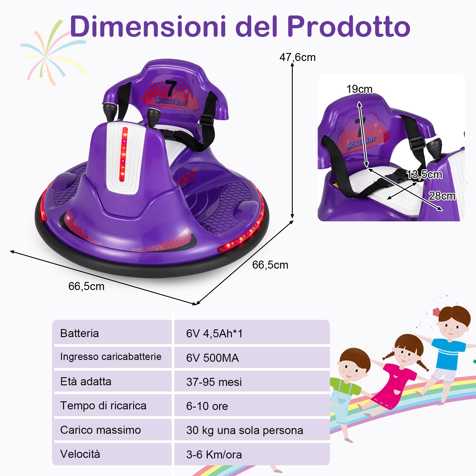 COSTWAY 6V Autoscontro Elettrico per Bambini, Veicolo Elettrico con Telecomando, Girevole a 360°, Luci LED Colorate e Cintura di Sicurezza Regolabile, 37-95 Mesi (Viola)