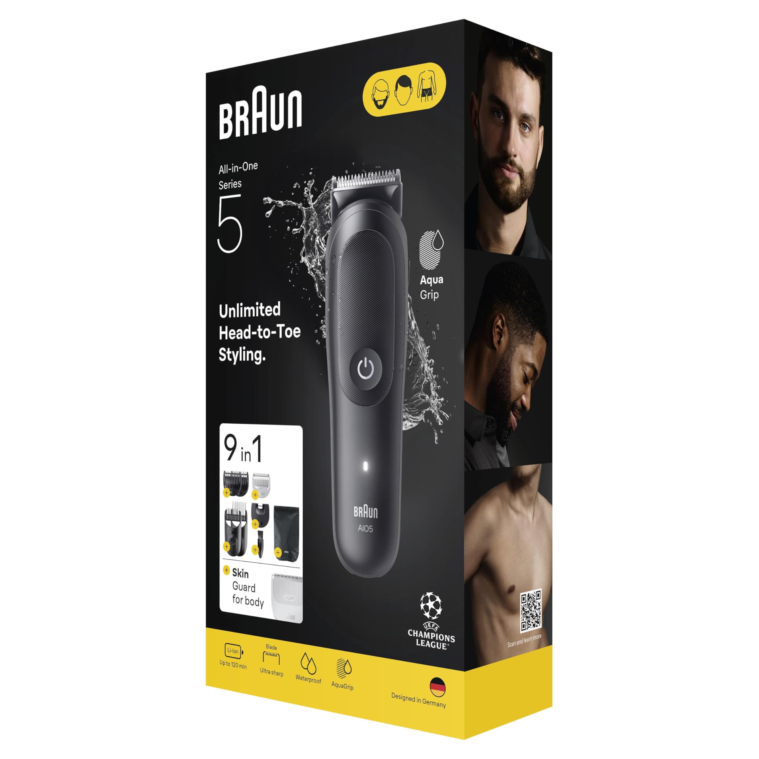 Braun Series 5 Multifunktions Körperpflege Set, 9 in 1, extrem scharfe Klinge, 120 min, präzise und effektive Zuschnitte, AquaGrip-Halterung für Unterwasser, AIO5540, schwarz