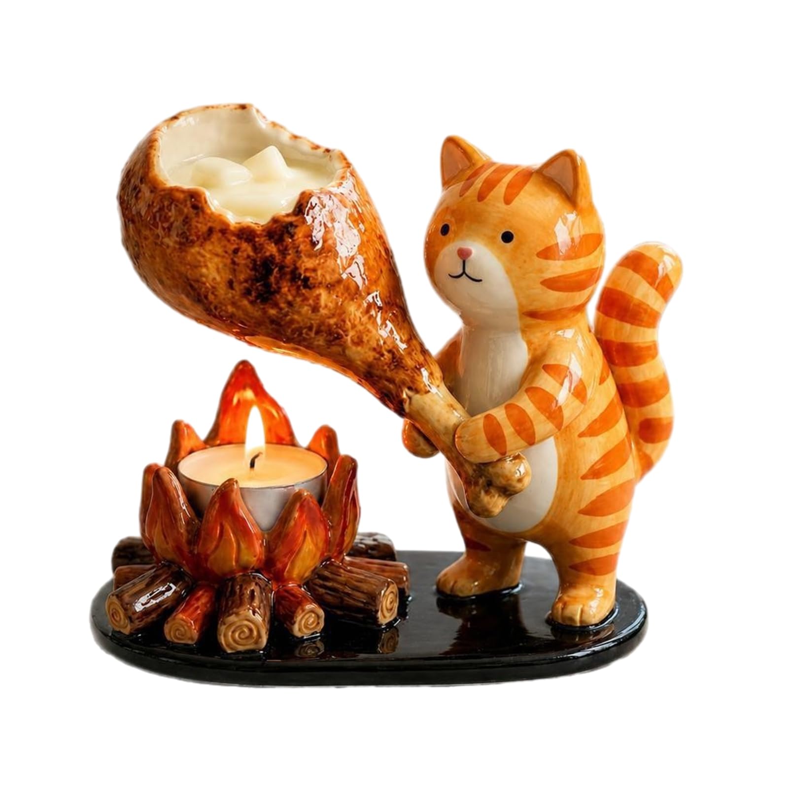 Campfire Animal Tealight Holder, Cute Resin Candle Stand with Cat Fox and Dachshund Figurines, Rustic Woodland Tabletop Decor for Home Living Room, 18.5x10x15cm Orange B