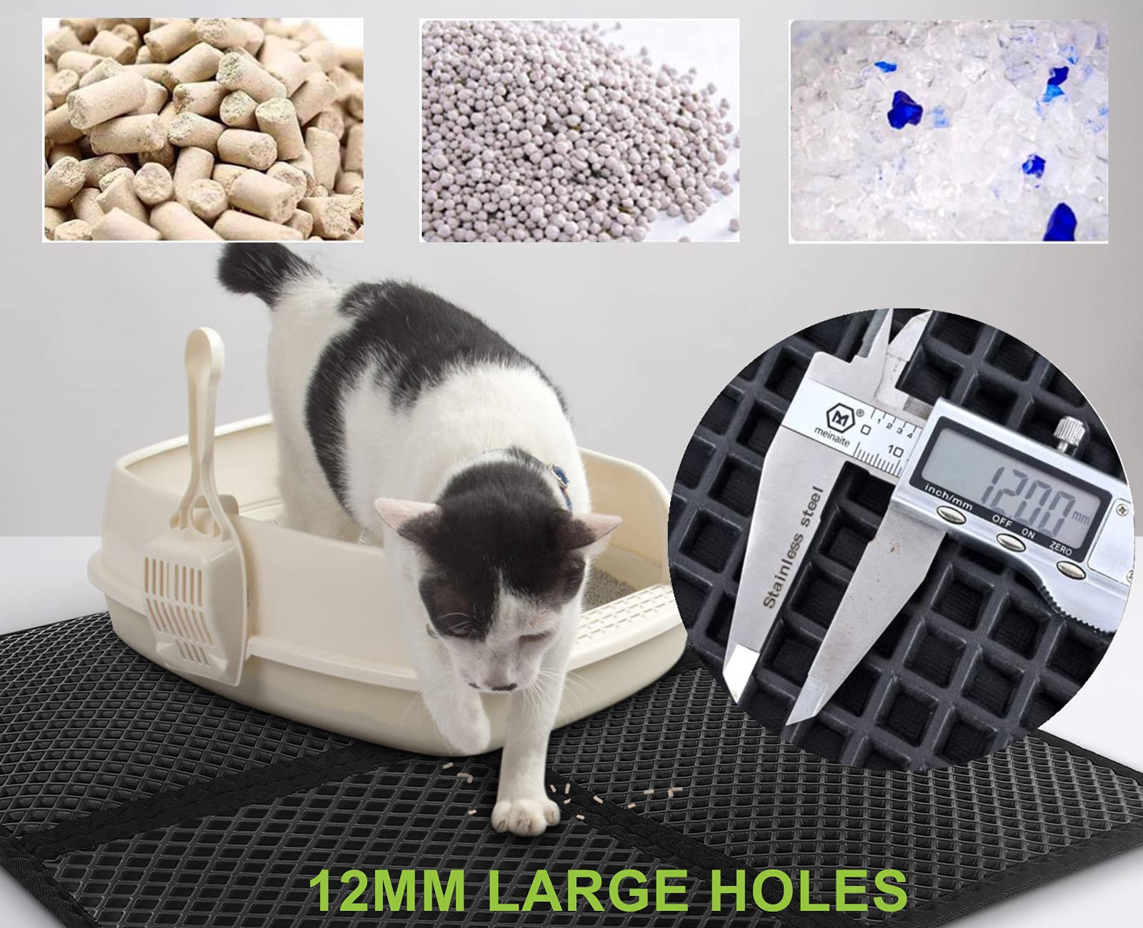 Pecute Tappetino Lettiera Gatto (60 * 42cm, Grigio), Tappetino Sabbia Gatto Utilizzato in Varie Lettiere, Doppio Strato Tappetini Igienici con Grandi Fori, Impermeabile e Antiscivolo, Facile da Pulire