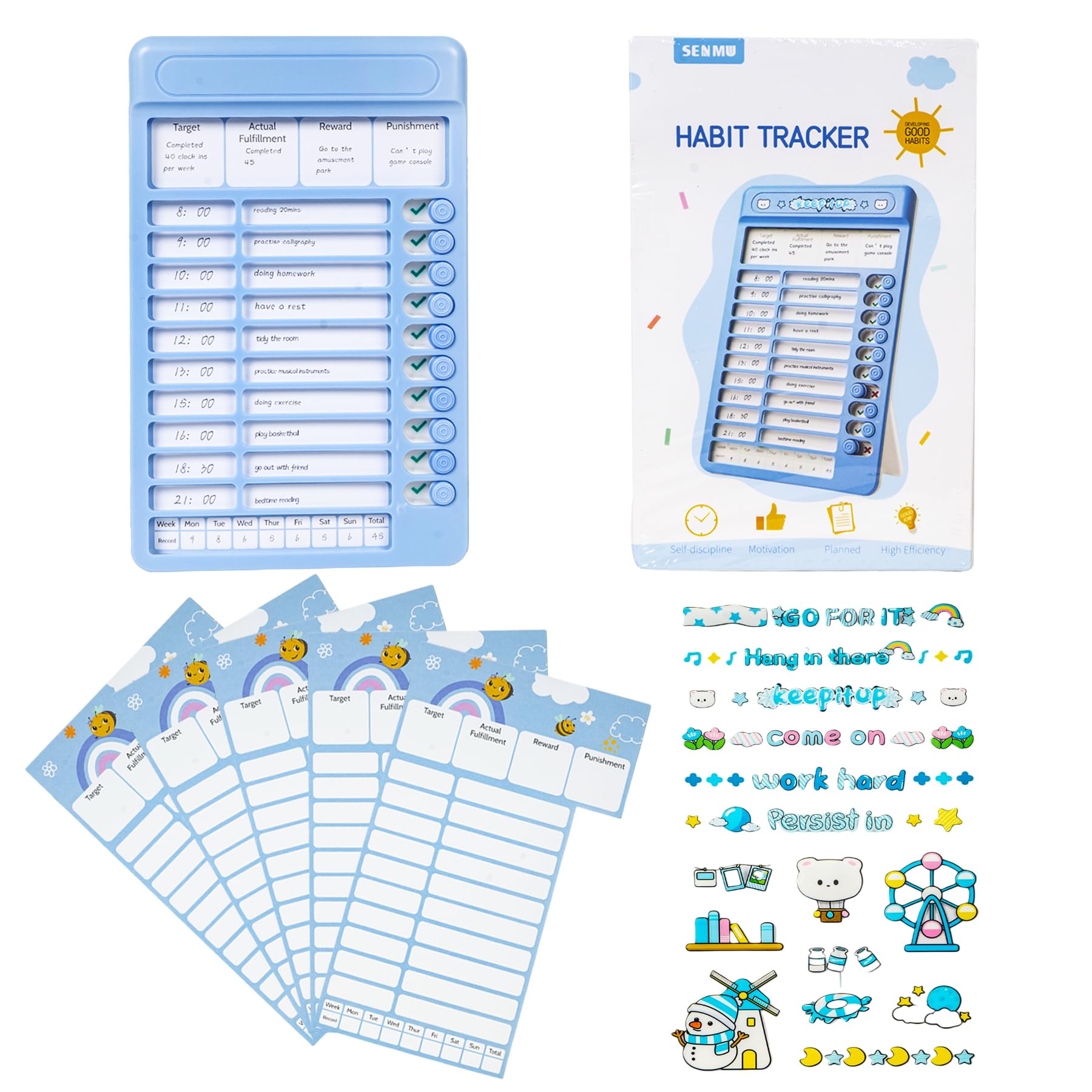 WISHKEY Habit Tracker Kids Chore Chart, Plastic Checklist Board with 15 Detachable Cardstock to Do List for Home Routine Planning, My Chores RV Checklist Task Planning Board for Kids and Adults (Blue)