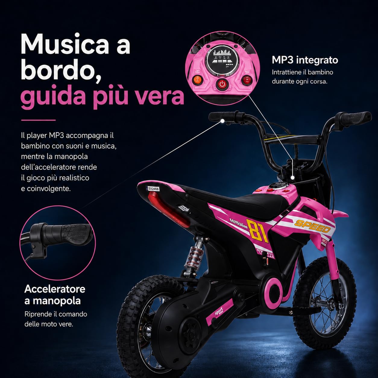 TOYSCAR Moto Elettrica per Bambini 24V 10Ah NITRO GT Motore 350W, Minimoto Elettrica Moto Cross Elettrica, Pit Bike Elettrica, Ruote Gonfiabili 12" Freno a Disco, Sedile in Pelle, 5-10 Anni