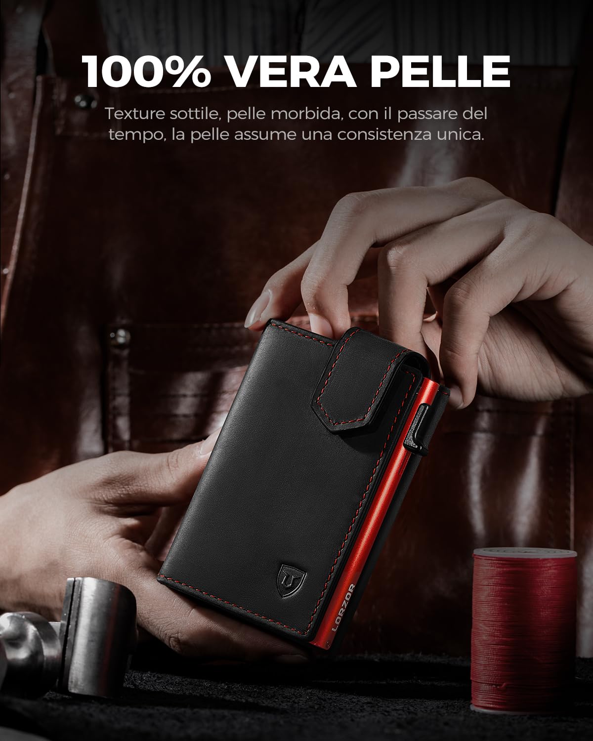 LORZOR® Portafoglio Uomo Slim vera Pelle, Porta Carte di Credito con Protezione RFID & Portamonete, Portacarte Uomo Pop-up Contenere 10 Carte, Porta Tessere Tascabile, Magnetica