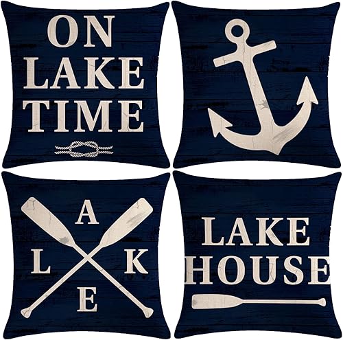 7COLORROOM Juego de 4 fundas de almohada decorativas de color azul marino, estilo vintage, para decoración de casa de lago y lago, fundas cuadradas
