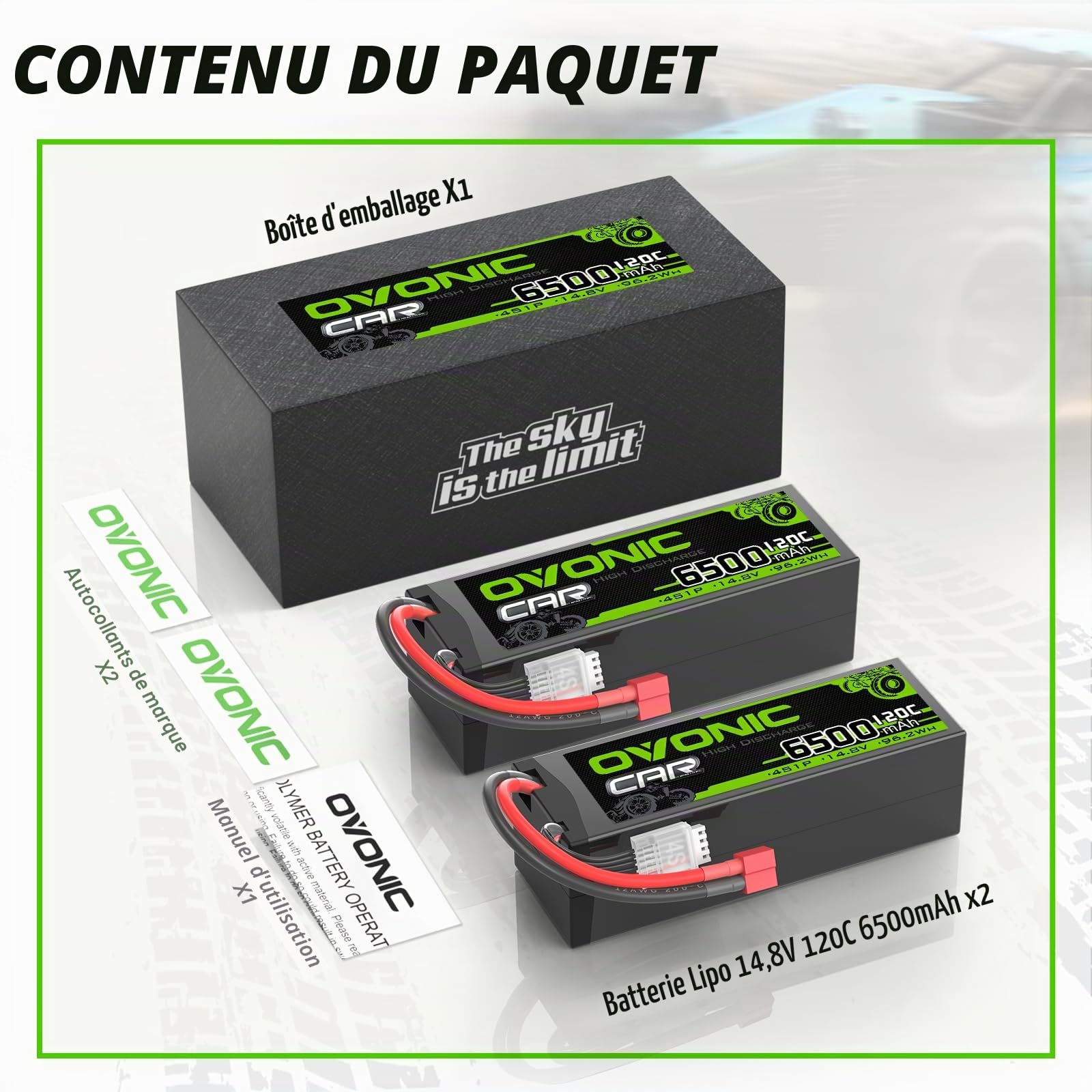OVONIC Lot de 2 batteries Lipo 4S 14,8 V 120 C 6500 mAh avec prise Deans T pour voiture RC truggy quadcoptère hélicoptère camion bateau avion