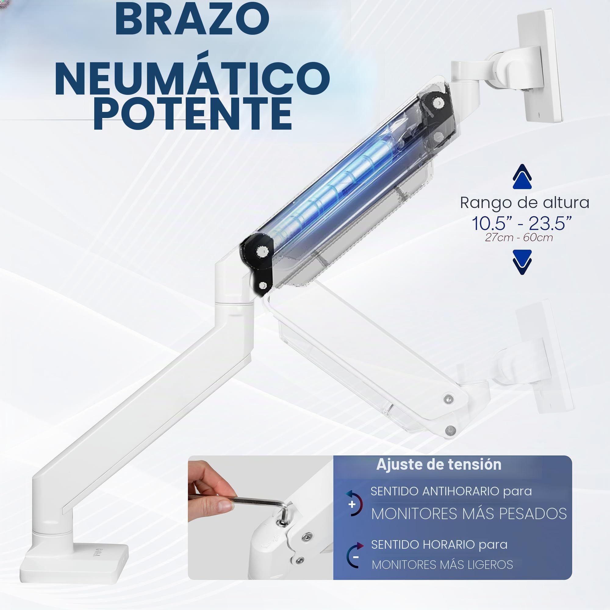 Vivo Brazo de Monitor de Aluminio monitores ultraanchos de hasta 49 Pulgadas y 33 Libras, Soporte de Montaje de Escritorio único, Altura neumática, VESA máxima 100 x 100, Blanco,