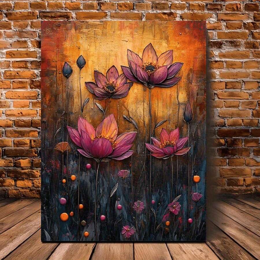 Peinture botanique avec lotus rose et doré pour illuminer un salon