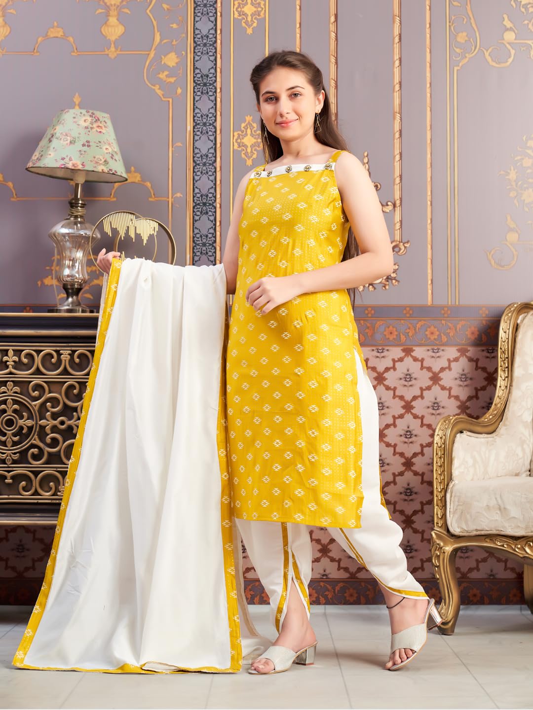 Aarika Girls Ethnic Wear Yellow-Cream Colour Printed Silk Dhoti Kurta Set-8-15 Years (Dh-Tr-K-941)