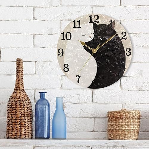 Miniatura 7 de KLL Taichi White Black Cats 10 Inch Round Wall Clock Retro Silent Easy to Read for Bedroom Hotel Living Room reloj de pared para cocina