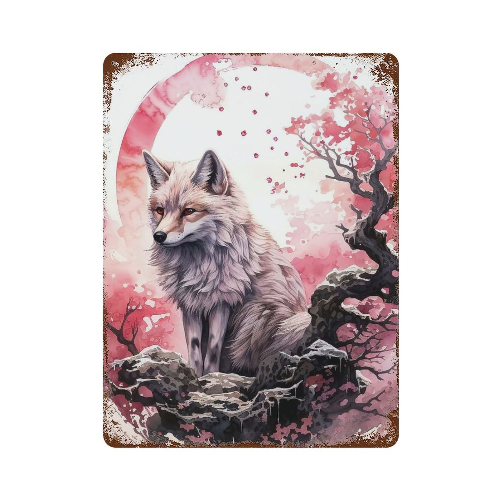 Cherry Blossom Wolf Animal Aged Metal Wall Plaque 15.7"x11.8", Classic Wall Plaque for Garage, Pub Or Kitchen