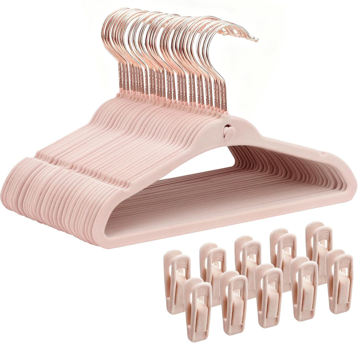Kids Velvet Hanger 50 Pack, 11" Baby Clothes Hangers with Rose Gold Swivel Hook & 10 Clips, Ultra Thin 0.2" Non-Slip Nursery Hangers, Stackable Space-Saving Felt Hangers for Closet, Beige