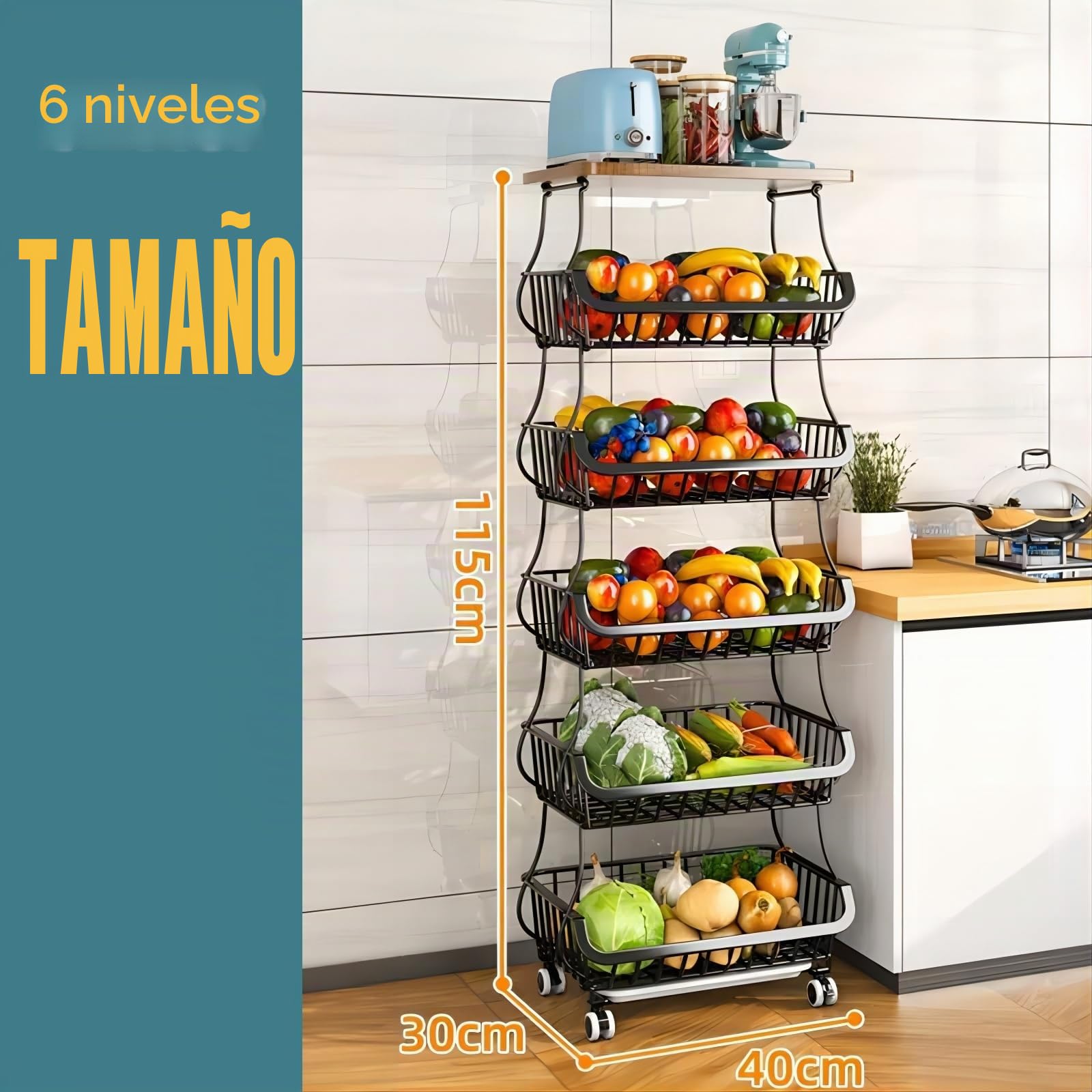 Cestas de alambre de metal con ruedas, organizador de cocina, estante de 6 niveles, contenedores de almacenamiento apilables, carrito de frutas y verduras, estante de vajilla para baño,