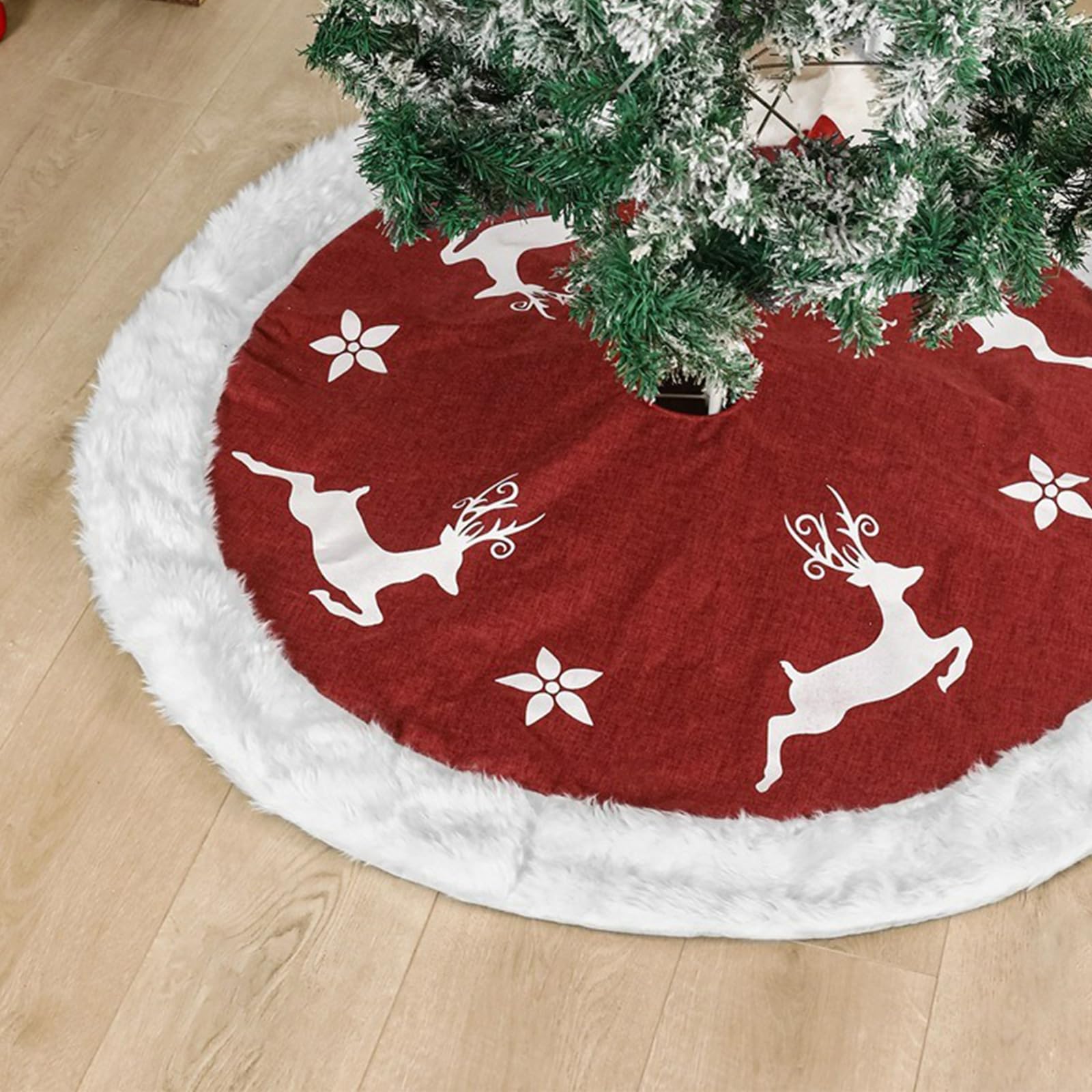 IHCEMIH Christmas Tree Skirt Large Red Xmas Tree Skirts Luxury Faux Fur Plush Linen Trees Base Cover Mat Xmas Tree Bottom Rug Covers Holiday Party Home Festival Decorations 48 Inches Running Reindeer