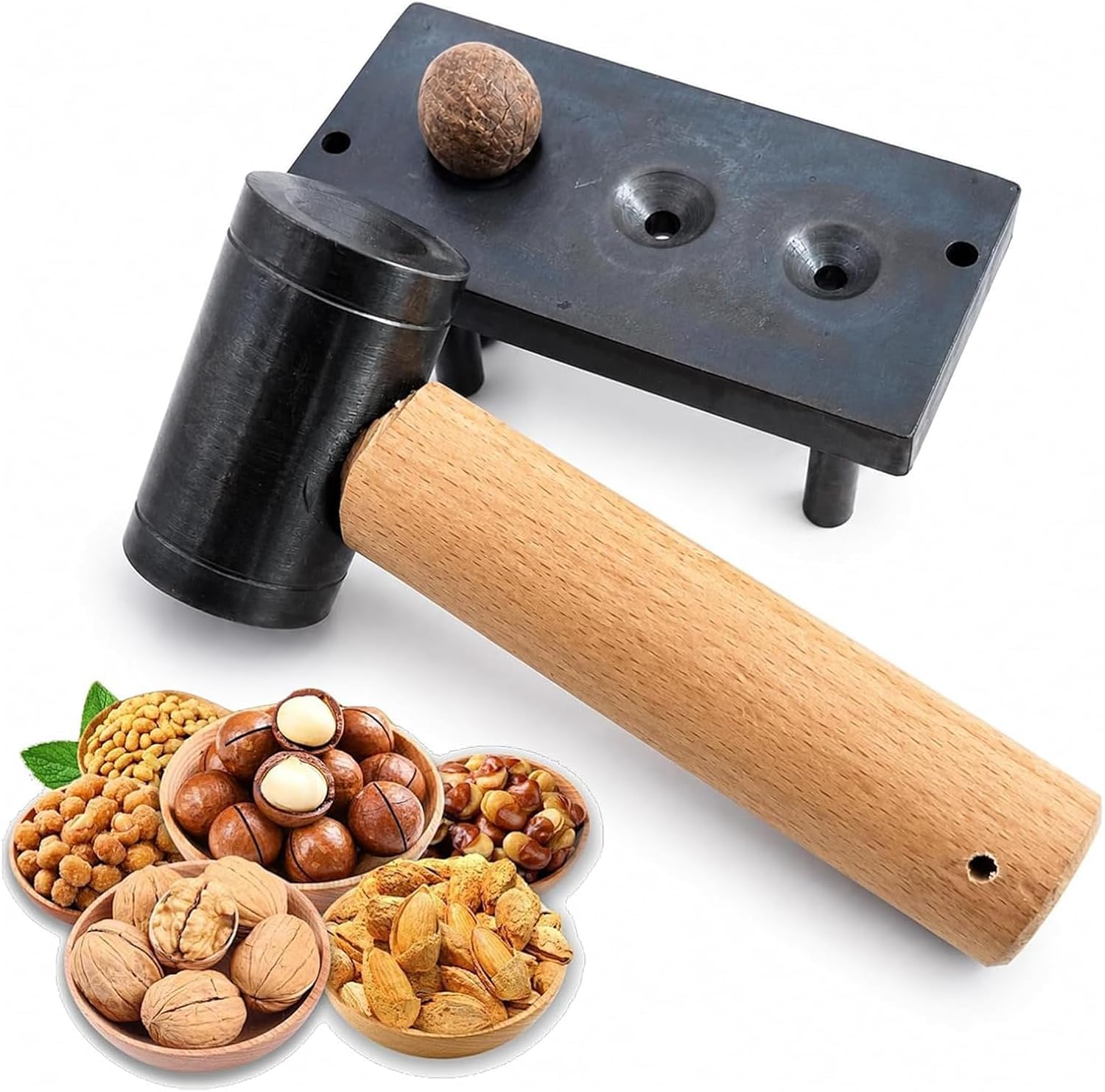 GYKOZY Macadamia Nut Cracker, Manual Nutcracker, Base With 3-tapered Holes, Iron Base & Hammer, For Walnuts, Chestnuts, Pecans, Hazelnuts