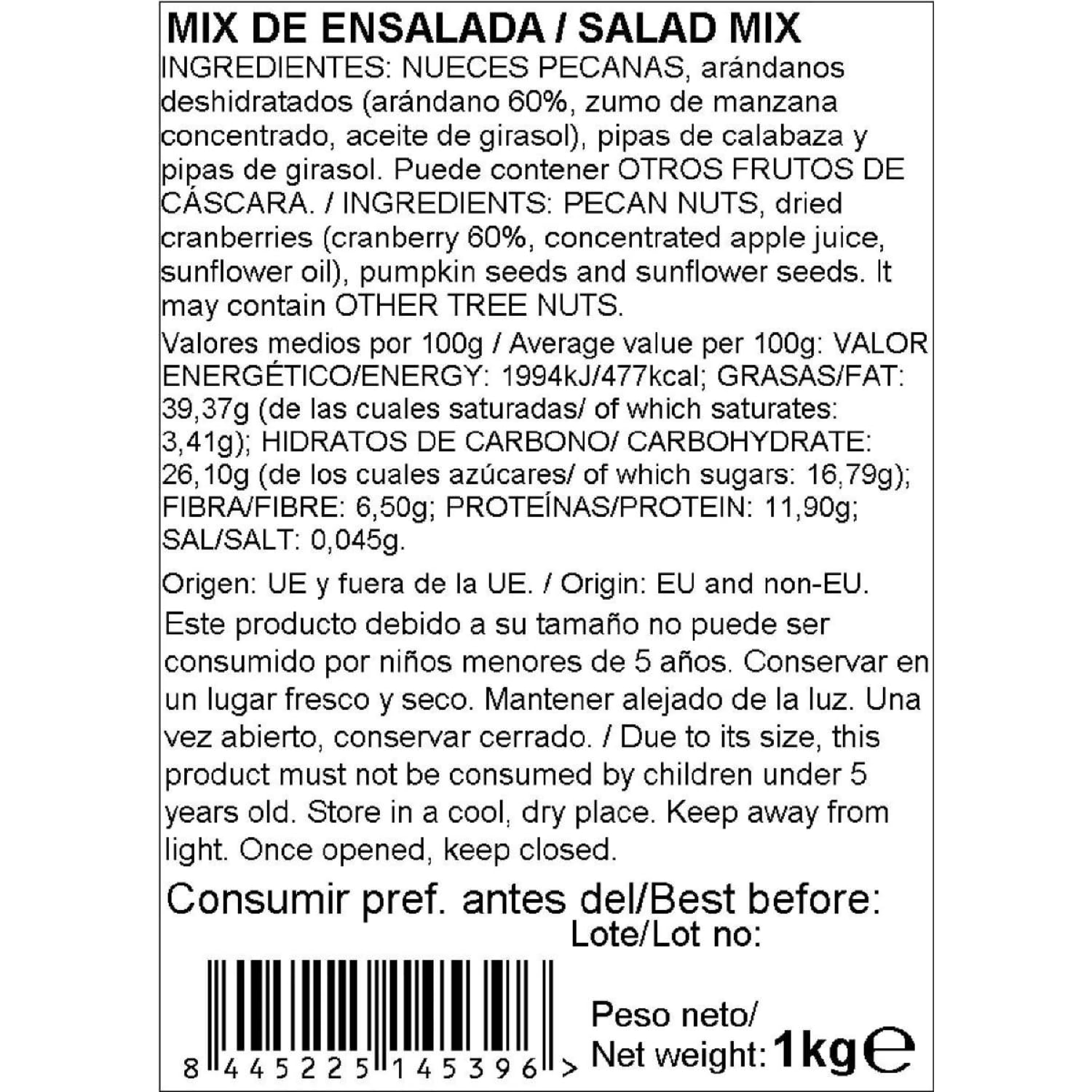 Mix frutos secos gourmet 1kg nut&me | Mezcla de Frutos Secos para Ensalada | Semillas y Frutos Secos | Sin Gluten | Vegano |