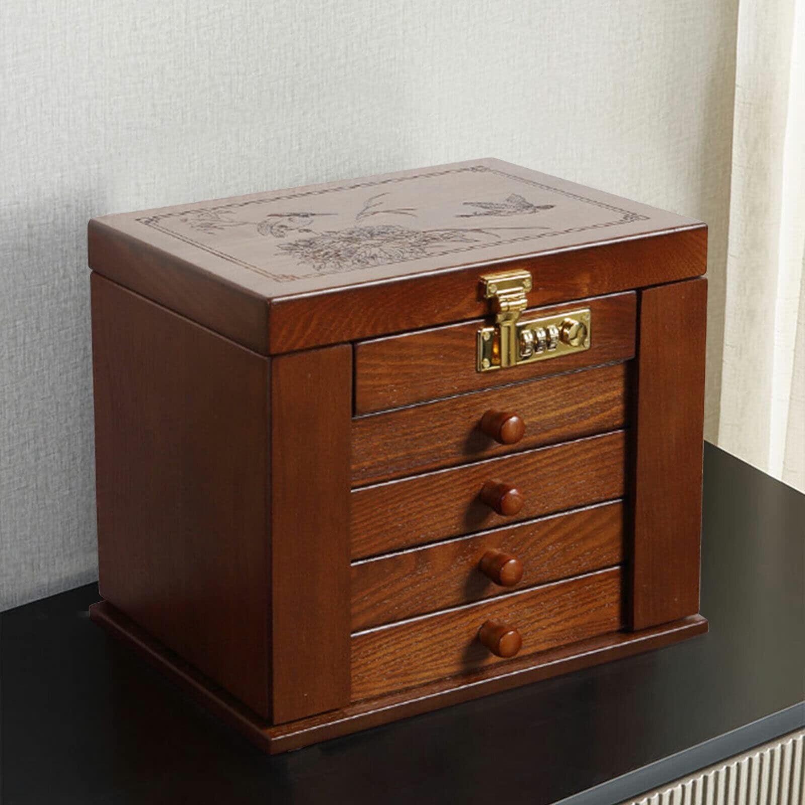 Joyero de madera con cerradura de combinación, caja de regalo grande, con niveles de piel sintética, caja de viaje con mini caja portátil para viajes, caja de joyería